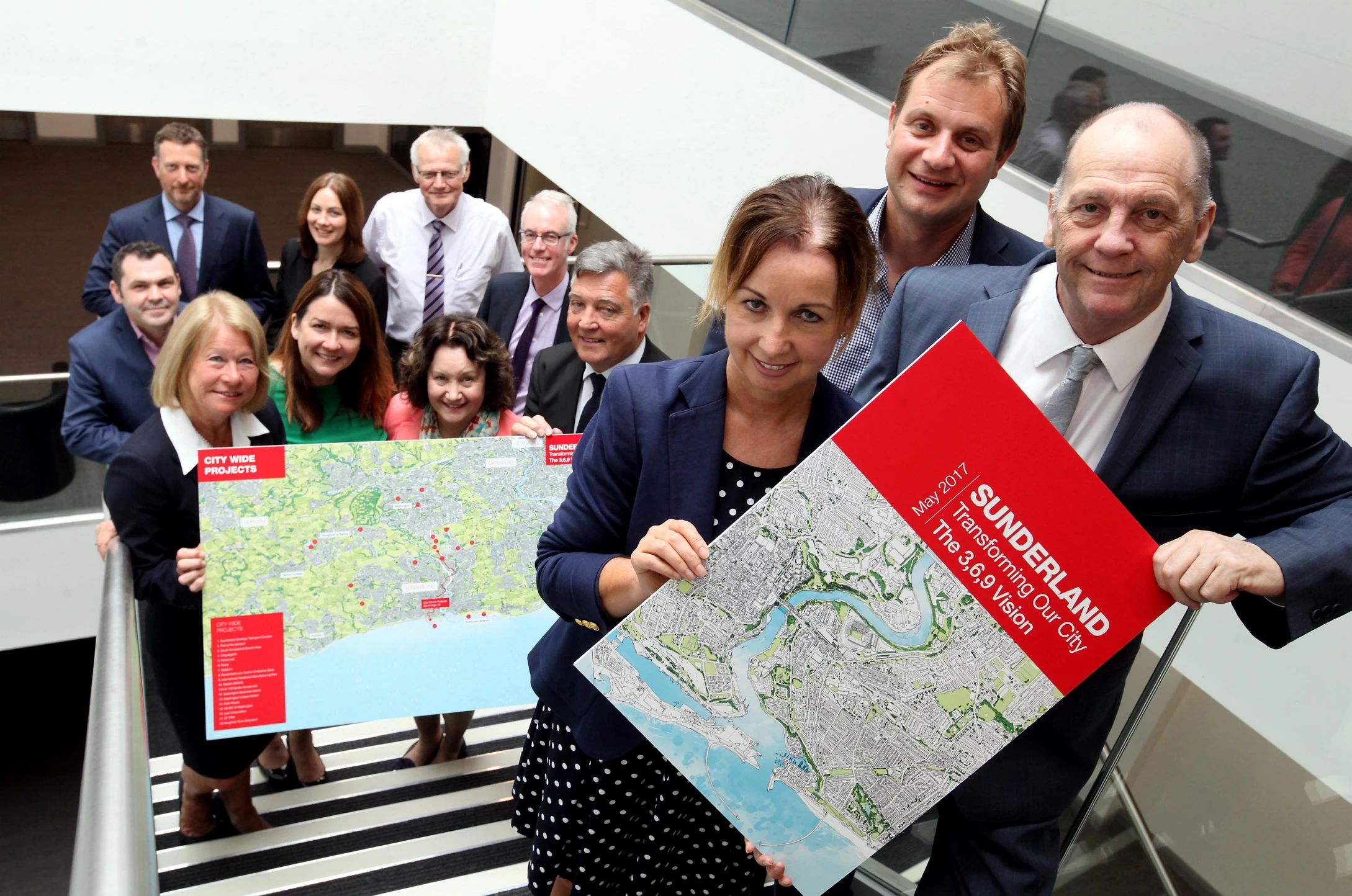 Sunderland’s Economic Leadership Board members including In the foreground (l to r) Allison Thompson, John Seager and Cllr Paul Watson with the 3, 6, 9 vision document.