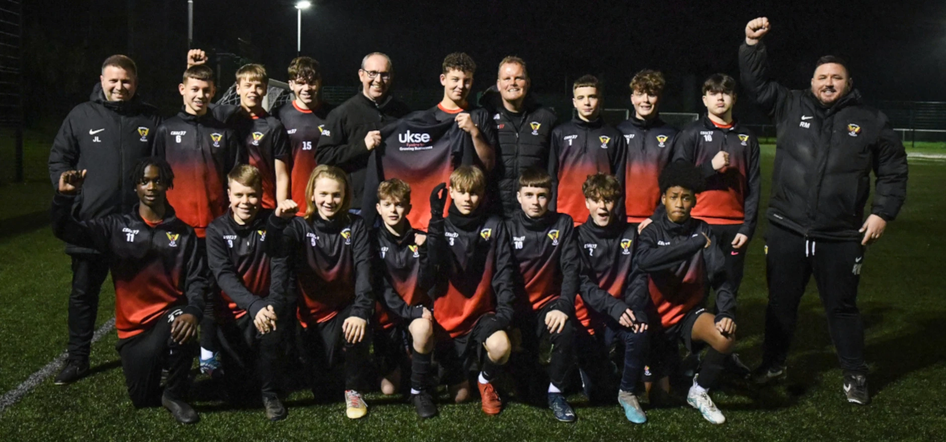 The Boldmere Falcons U14s team in their football kit, sponsored by UKSE