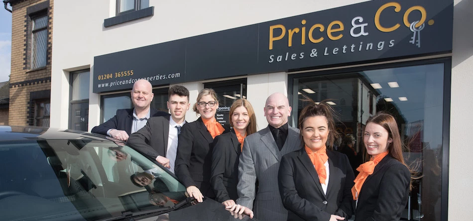 L-R: Gavin Elmes (RBS) with the Price & Co team: Matt Price, Corinne Ramsden, Kate Povah, Karl Price (owner), Lauryn Eckersley and Chelsea Brown