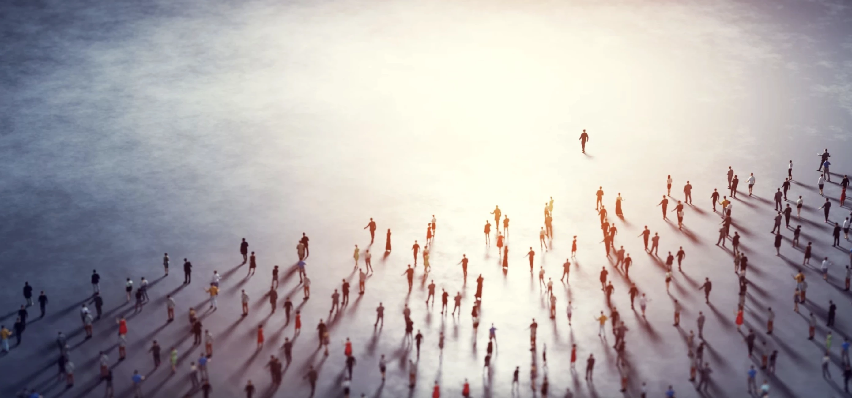 Model people in a crowd following a leader