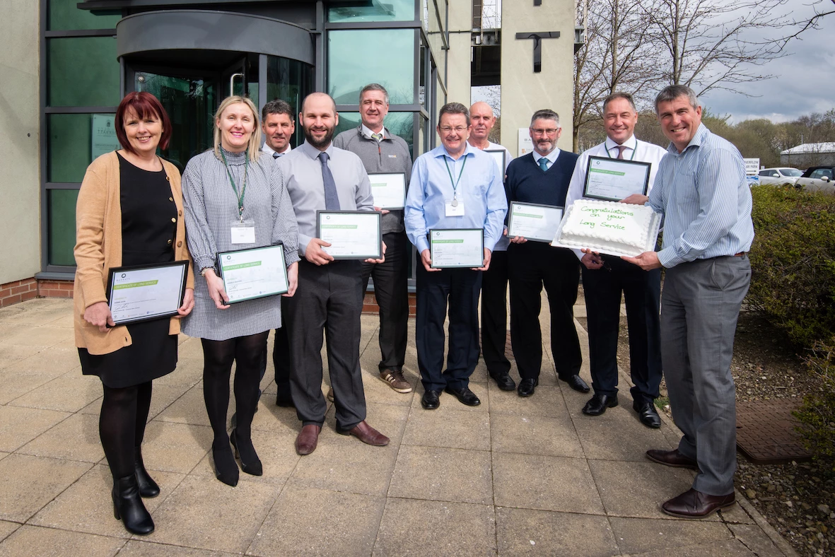 (L-R) Debbie Axon, Beverley Bedford, Dave Beck, Gary Taylor, Andy Briddock, Dave Hudson, Geoffrey Roberts, Chris Leyland, Darren Johnson with Managing Director, Ian Ruthven