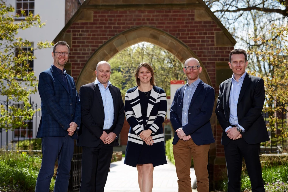 Prof Tim Wright of SatSense, Richard Jackson of Unipart, Lisa Ward of Mercia Fund Managers, Prof Andy Hooper of SatSense and Andy Duley, Director of Commercialisation at the University of Leeds.