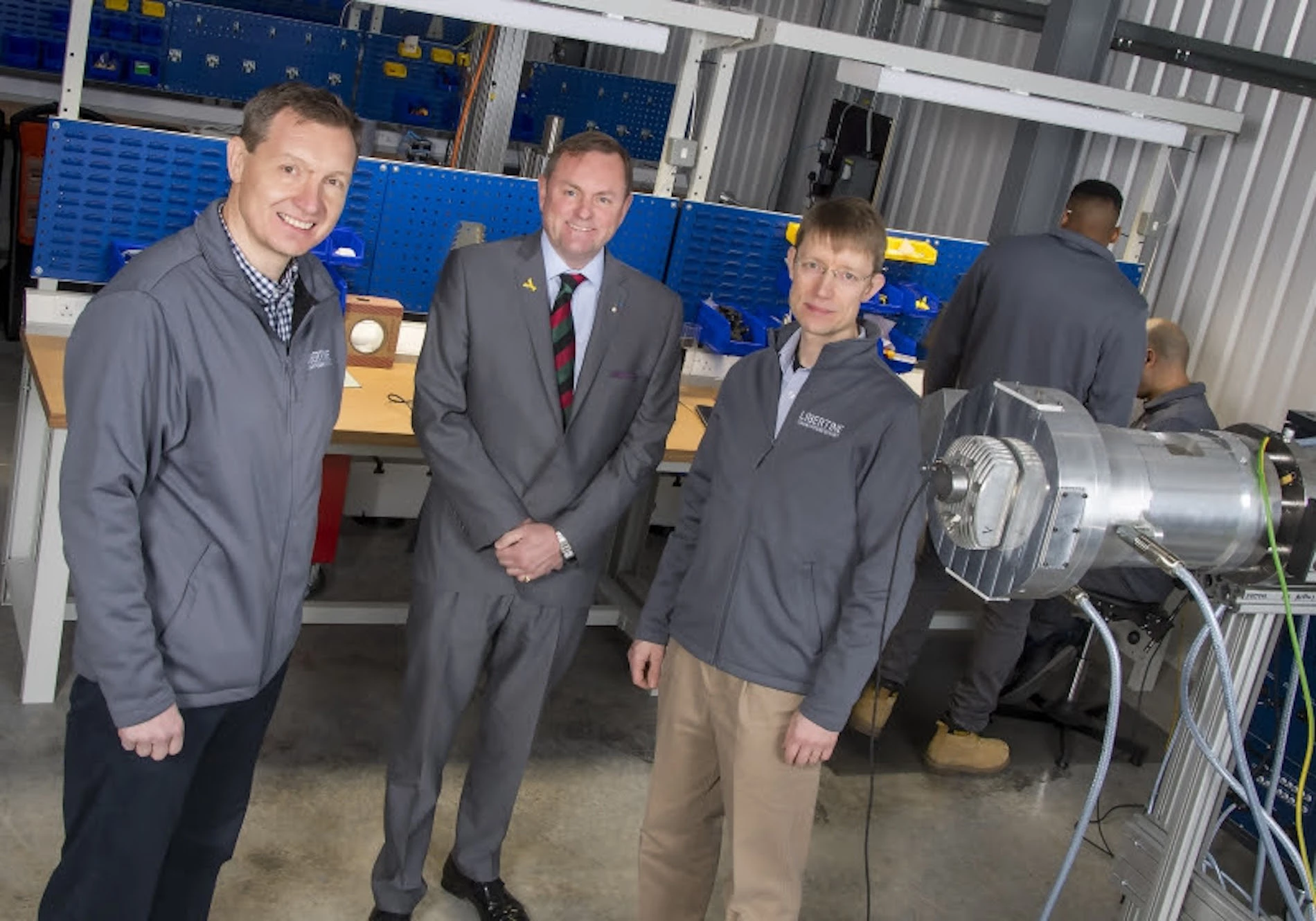 Libertine's chief technology officer Ed Haynes, Sir Gary Verity and CEO of Libertine, Sam Cockerill, at the launch of the company's new technology development facility.