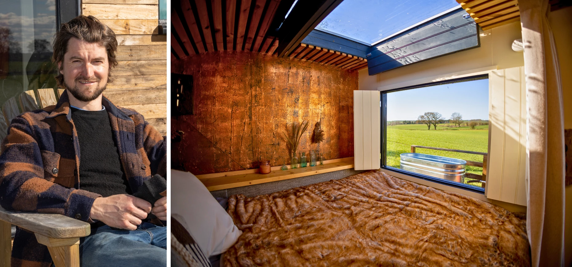 Alasdair Brown, owner of Crowdy Hall, pictured alongside an interior shot of one of its cabins.