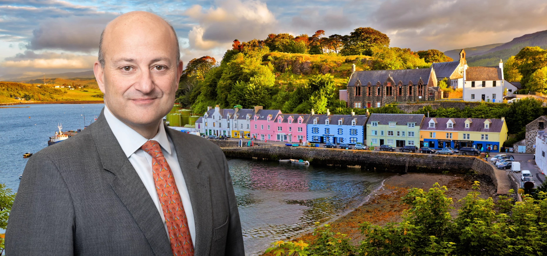 Louis Taylor, Chief Executive of the British Business Bank in front of the Scottish coast.