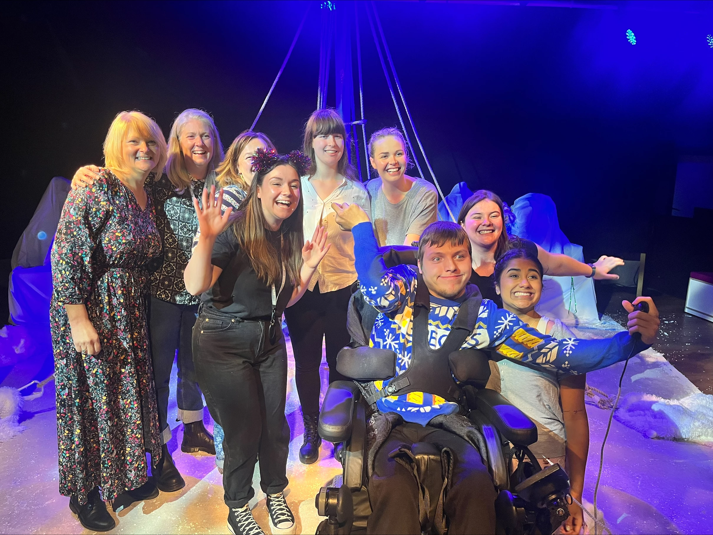 The Percy Hedley Foundation’s student Isaac Smith with some of the cast and crew of Wintry Tales: Snow Covered Maps and Mountainous Mayhem at Live Theatre.