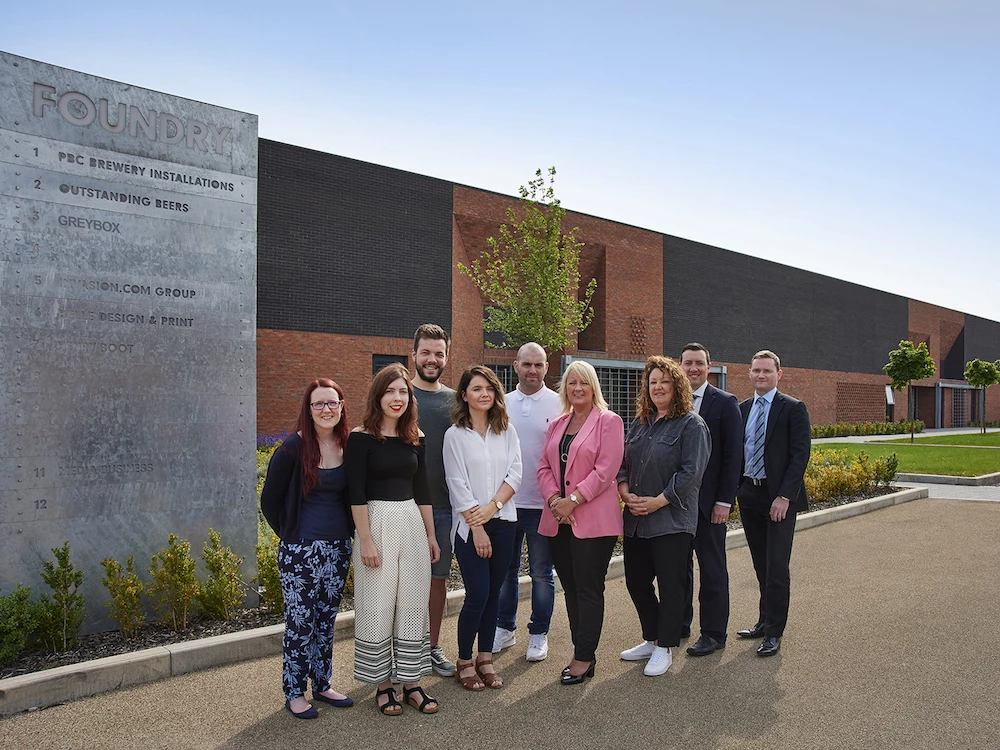 L-R: Liz Kala, Jodie Thackeray, James Clark, Jade Kidded, Simon Grimley of Greybox, with Sue Barnard from the British Business Bank, Lindsy Agana of Greybox, Barclays' Michael Curran and BFS' Mark Gibson