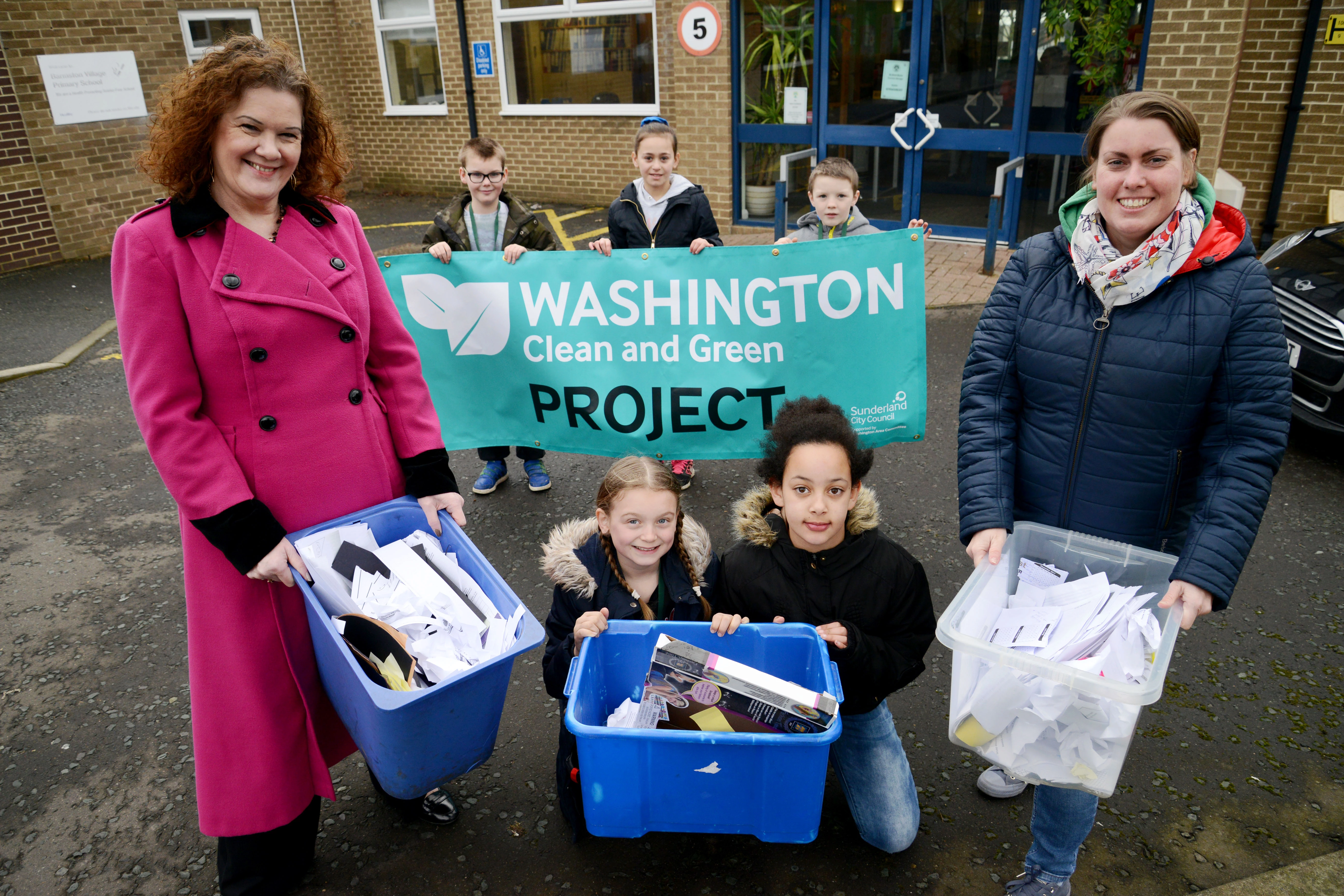 Front: (L to R) Cllr Linda Williams, pupils Paige and Grace, and Groundwork NE & Cumbria's Wendy Fail, Back (L to R) Bailey, Summer, and Harry from Barmston Village Primary