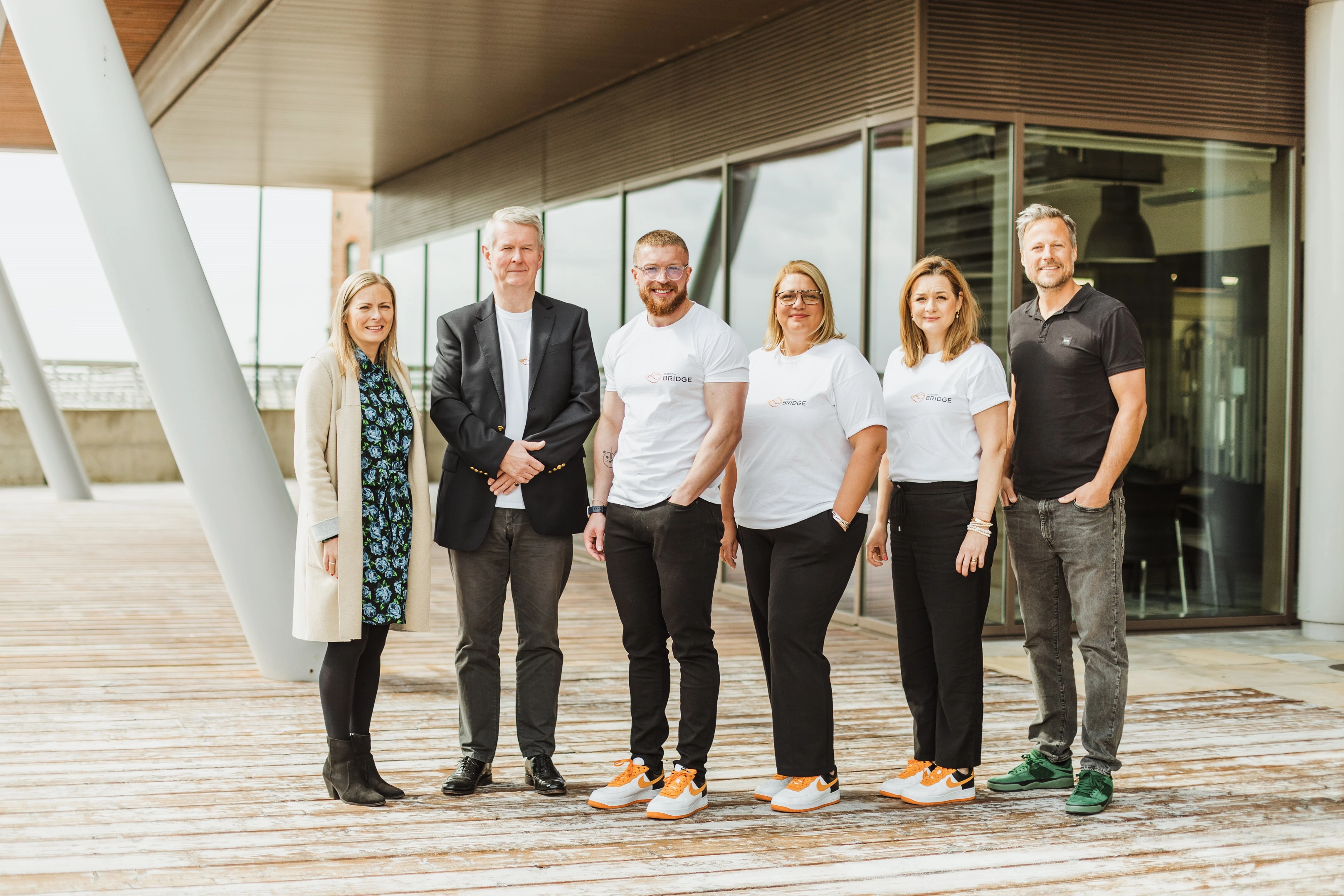 (L-R Sharon Stathers from Department for Business and Trade, John Redman, Lee Gray, Kathryn Brown and Emma Hunt from Rubicon Bridge, and Torsten Schafer, Pattern)