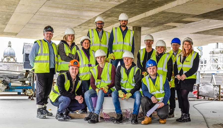 Leeds Beckett’s students and lecturers on site with representatives from property company YPP, Brewster Bye Architects, The Broadley Group and Adept Consulting Engineers.