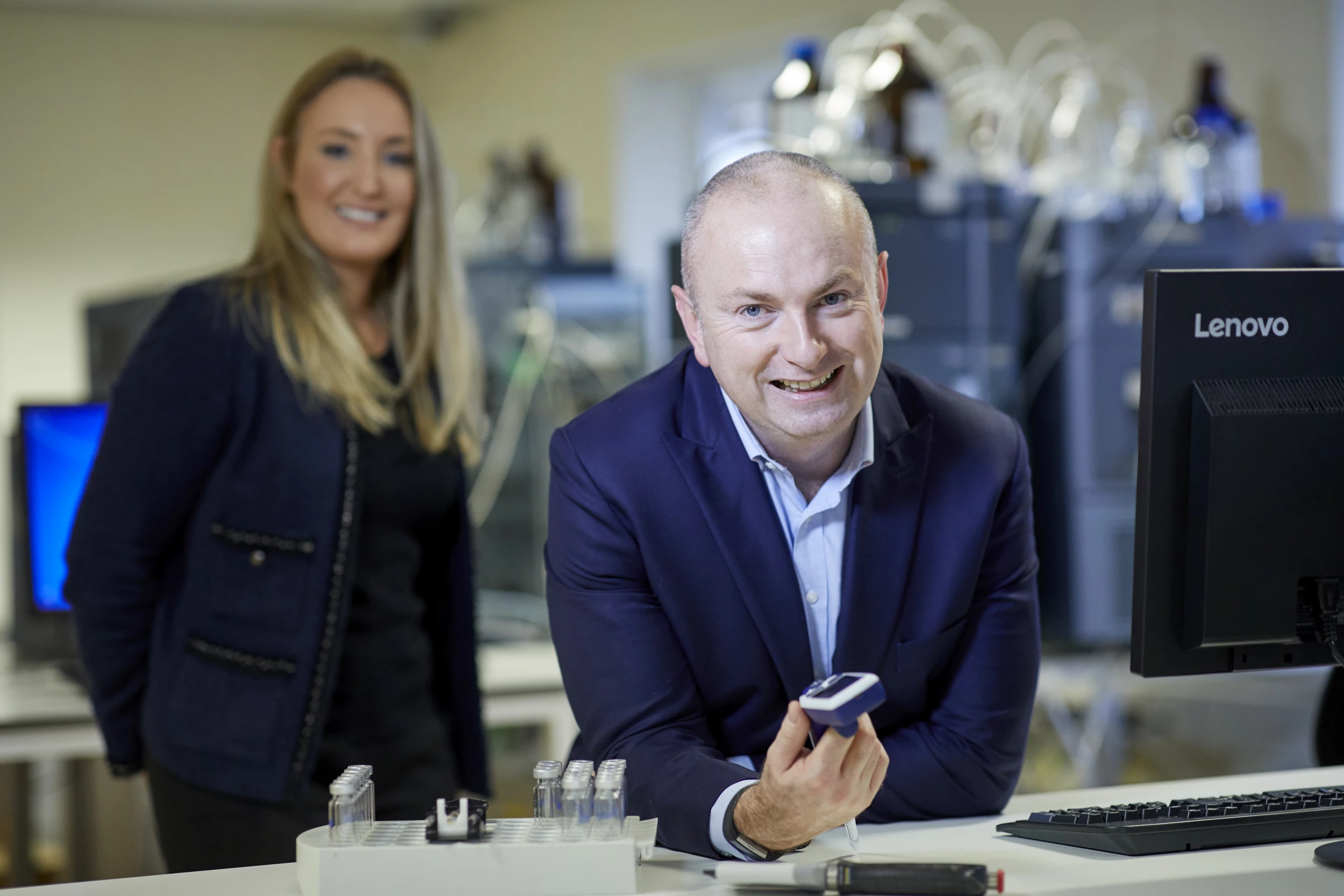 David Thomas in the AlphaBiolabs laboratory with commercial director Rachel Davenport