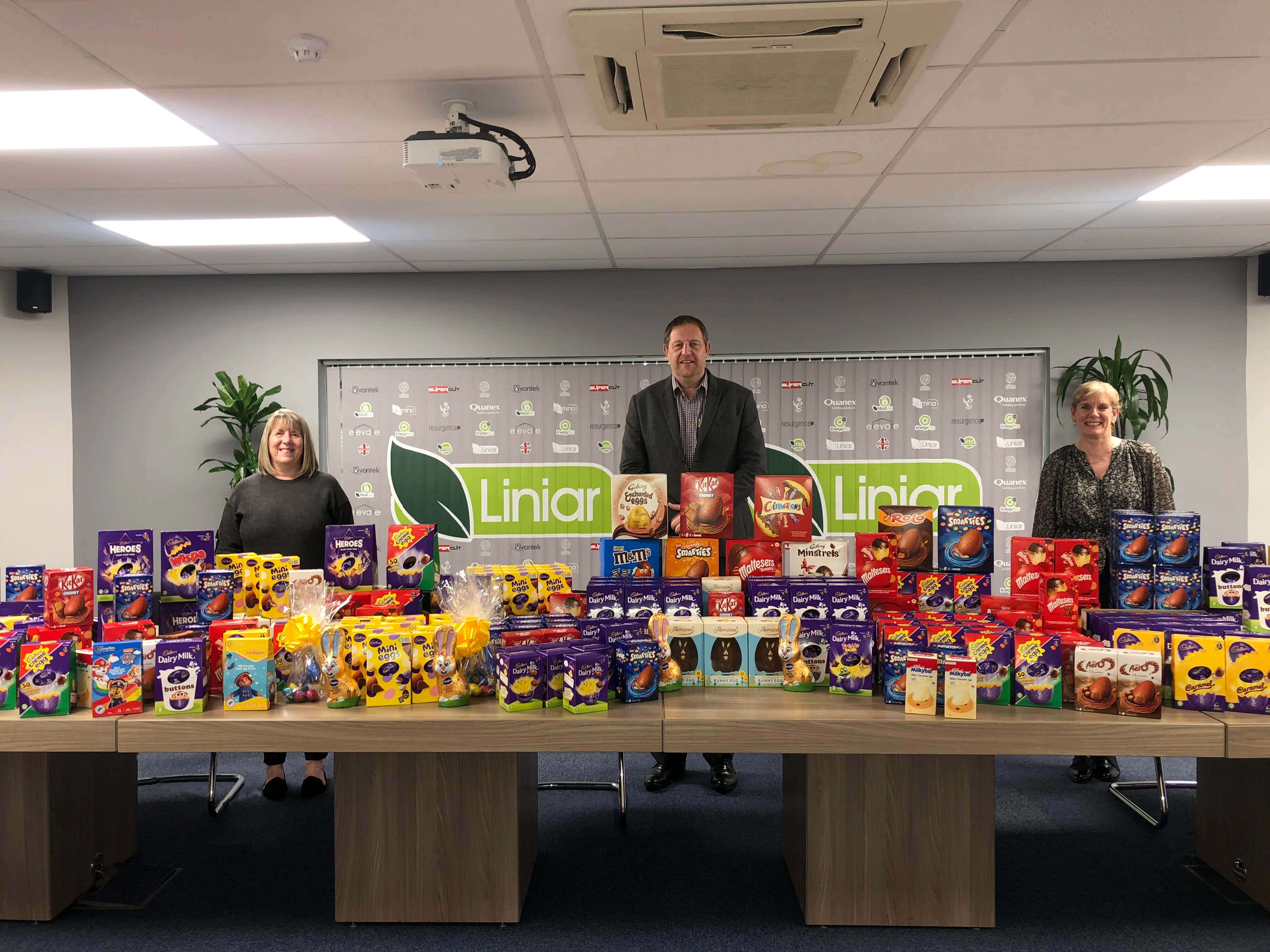 Group Managing Director Martin Thurley with Co-ordinator Kerry Sweet and Group Marketing Director Sue Davenport, displaying the results of Liniar’s Easter Egg Drive for Derbyshire WISH.