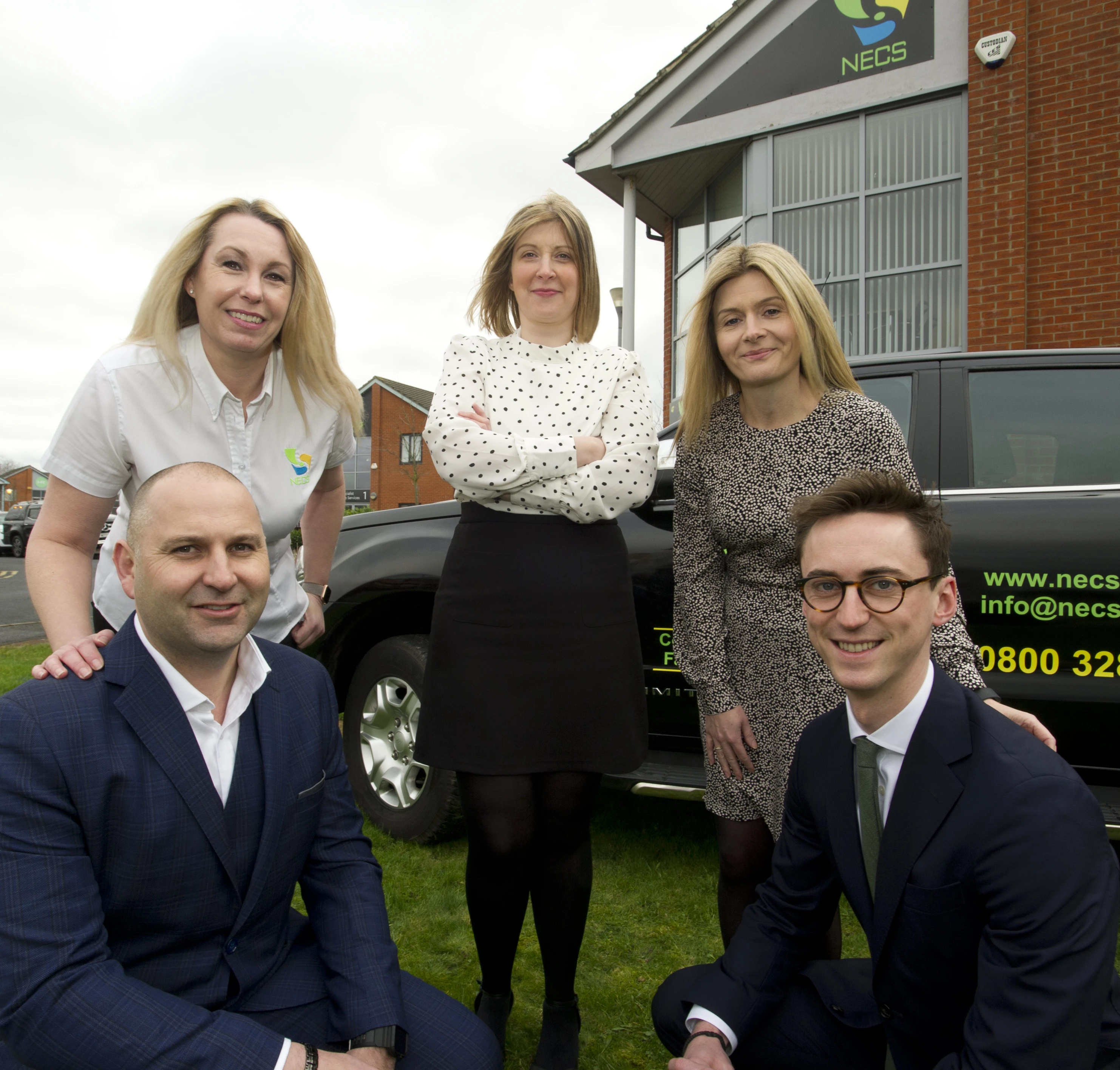 (front row) NECS MD Gary Breach and Hay & Kilner's Tom Clarke with (back row) NECS HR director Leigh Breach, and Sarah Furness and Sarah Hall of Hay & Kilner