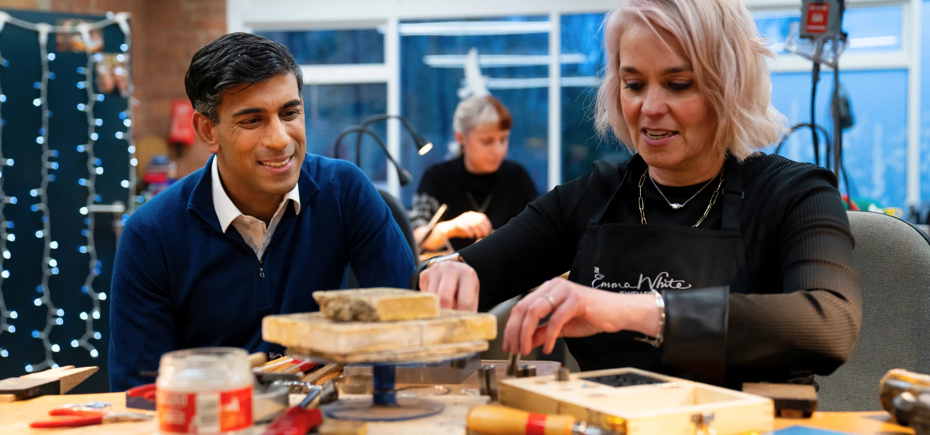 The Prime Minister and Jeweller Emma White on a recent visit to Sunny Bank Millls by The Conservative Party.