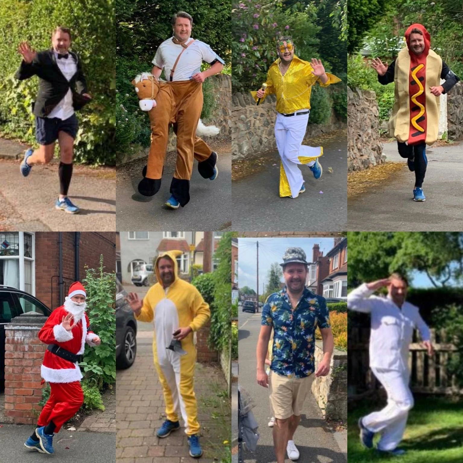 Tim running in various outfits to raise funds for charity End Youth Homelessness