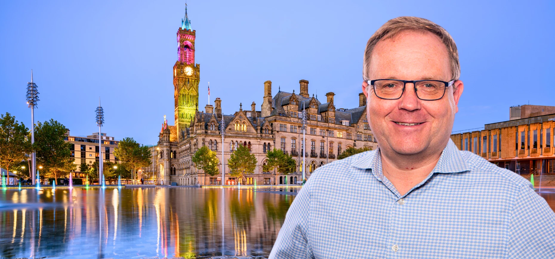 Graham Sweeney, managing partner at Schofield Sweeney in front of Bradford Cathedral.