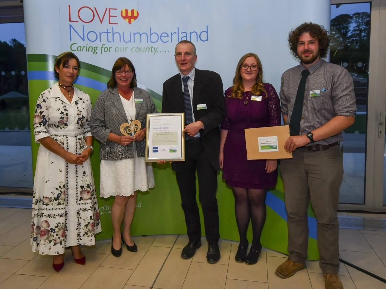 Duchess of Northumberland, Mandy Crowley and John Everitt (Coast Care Volunteers), Becky Waring (Coast Care Project Manager) and Kristian Purchase (Coast Care Project Assistant).