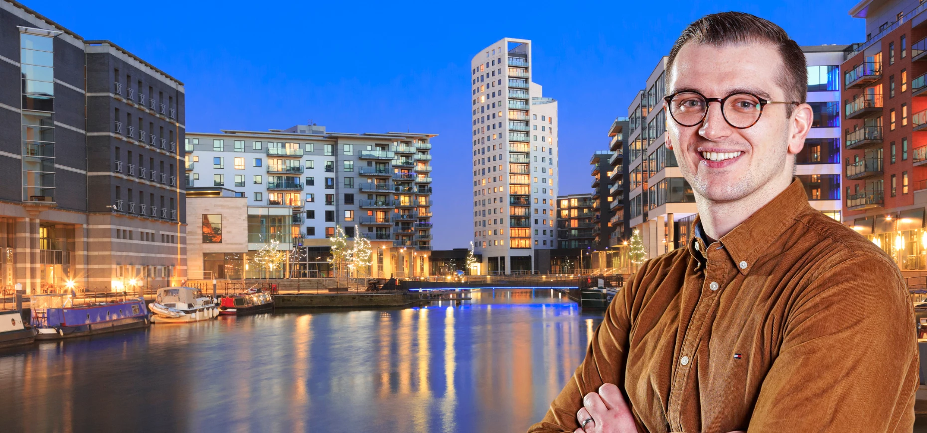 Matt Connolly, newly appointed Financial Controller at 75Media, pictured against the Leeds skyline.