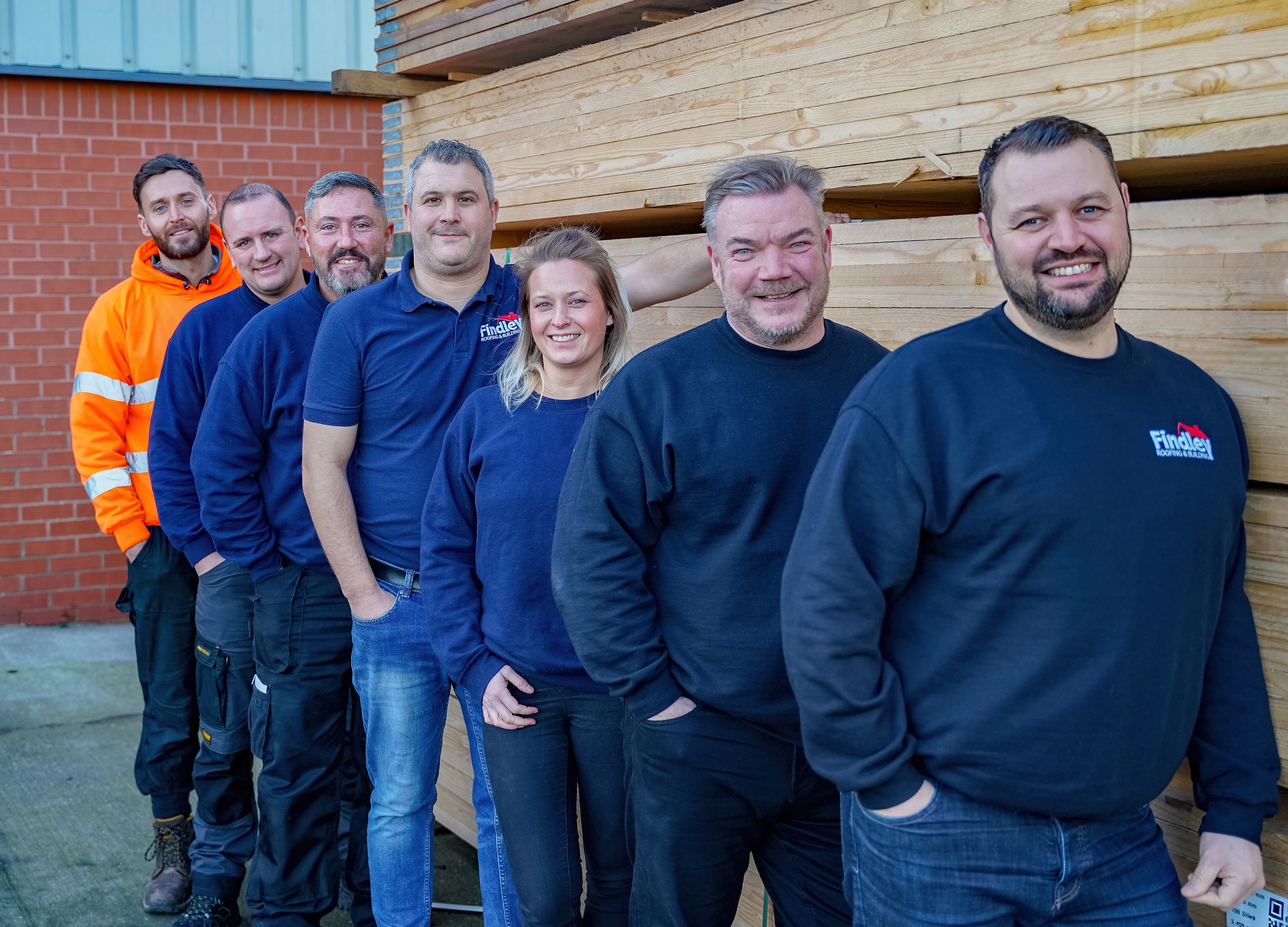 (L-R) Scaffolding manager Ricky Hubber, roofing estimator Ian Snow, roofing estimator Eddie Cox, finance manager Richard McClean, appointments co-ordinator Nicole McQuaker, sales & marketing manager Richie Carrigan and managing director Dean Coombe