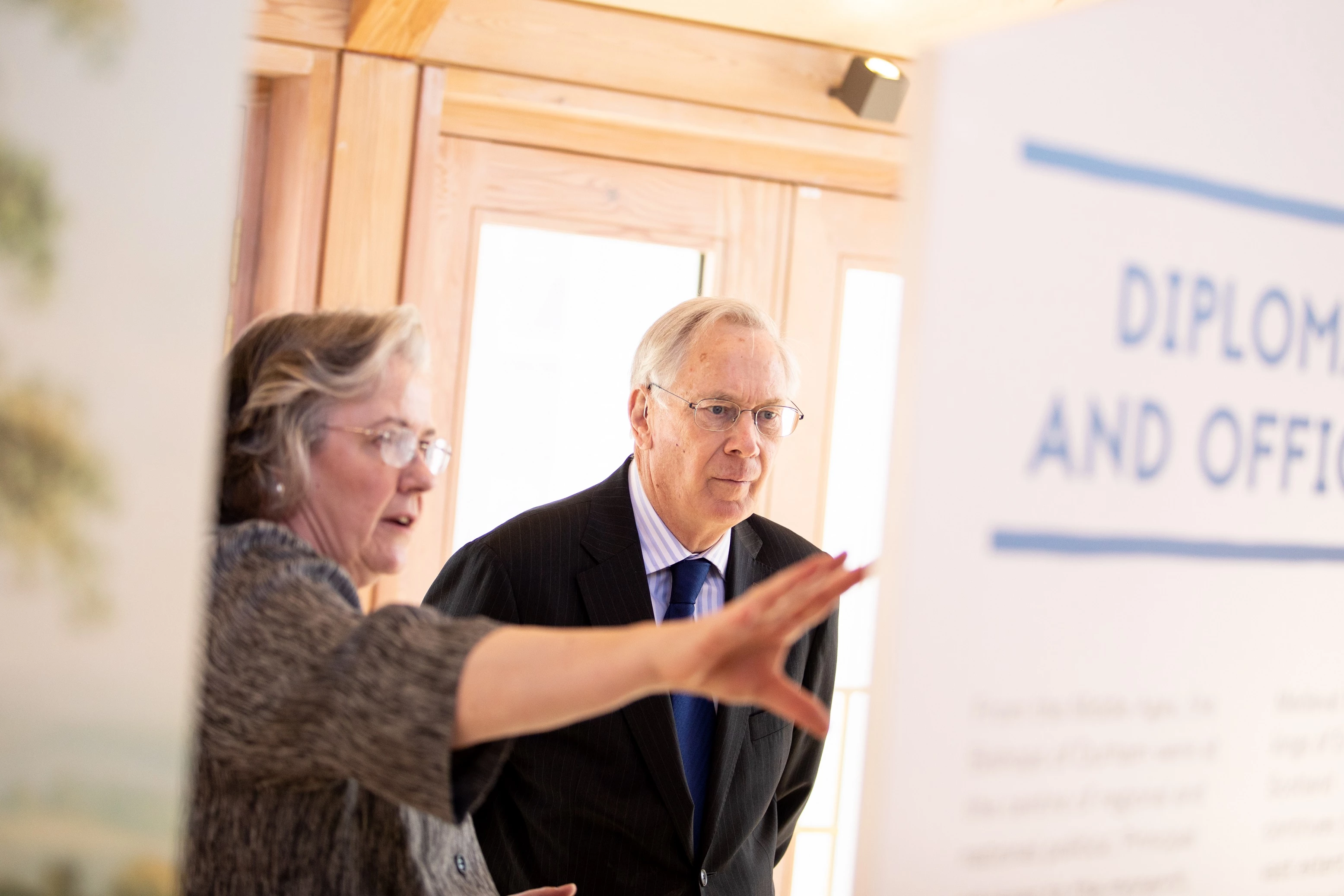 His Royal Highness, The Duke of Gloucester KG GCVO in Auckland Tower with the Chair of the Leadership Team at The Auckland Project, Jane Ruffer.  Photograph by Jamie Sproates, courtesy of The Auckland Project.