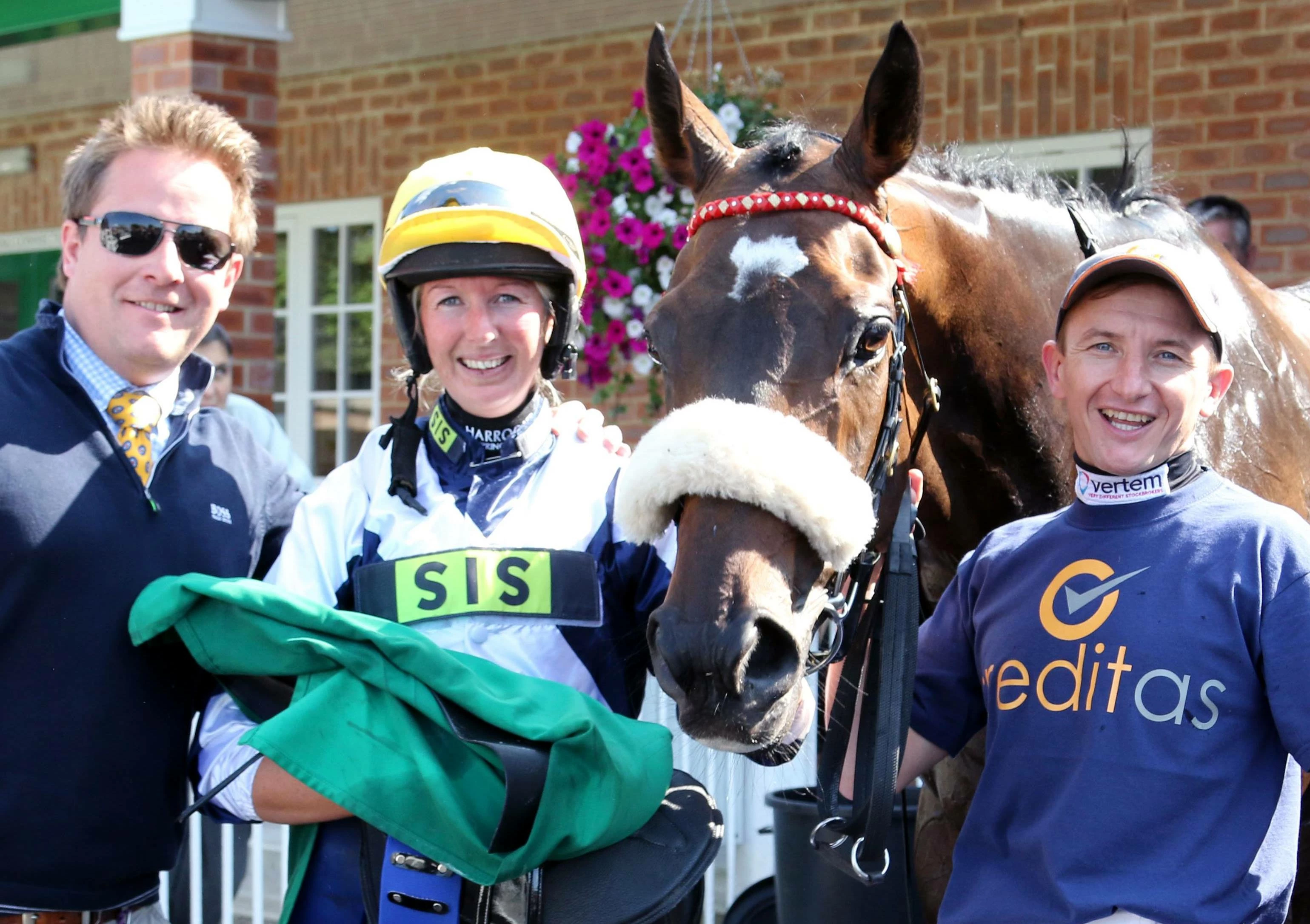 Owner Tom Fife, rider Amy Lawrence and Jockey P.J.McDonald with Red Charmer (who is trained by Marjorie Fife) and won ‘The Creditas Taking Care of Business Stable Staff Stakes’ at Thirsk Racecourse. 