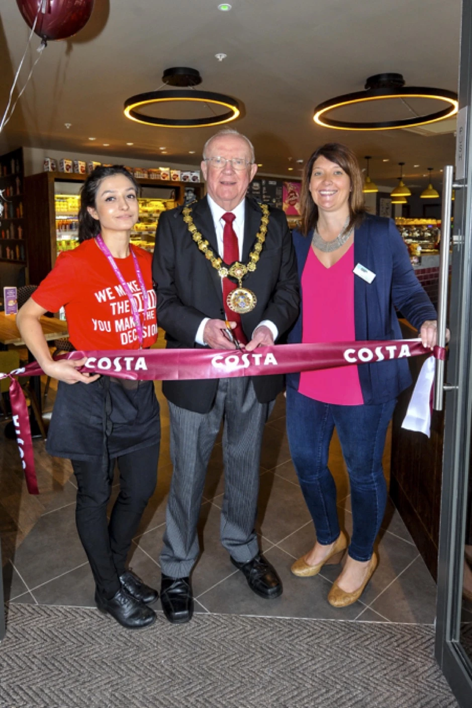 Store Manager, Greta Albenova, Operations Manager, Stefanie Chadwick and The Ceremonial Mayor, Cllr Connor opening Salford’s newest Costa.