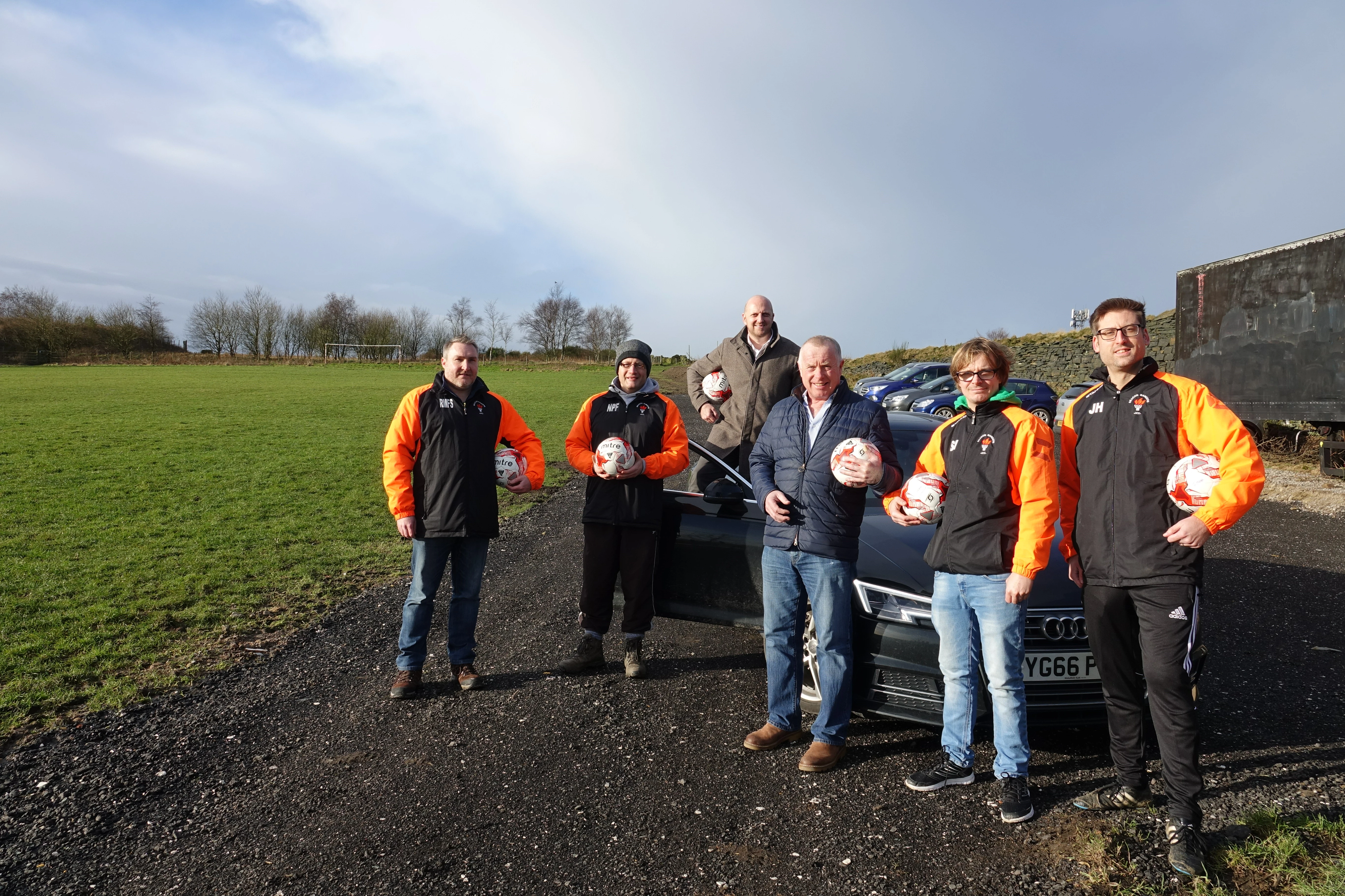 Pictured from left are: Robert Stead, Nigel Freeman, Mike Robinson and John Brooksbank from AWM, Sean McDonald and Jonny Heap