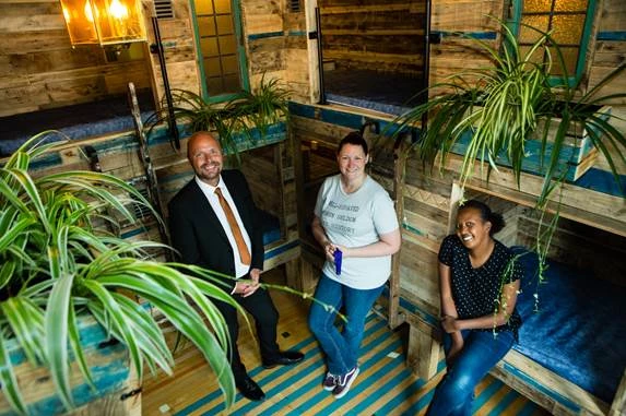 L-R: Michael Wicks, Unity Trust Bank with Layla Robleh-Davies and Rhian Aitkin from East Street Arts.