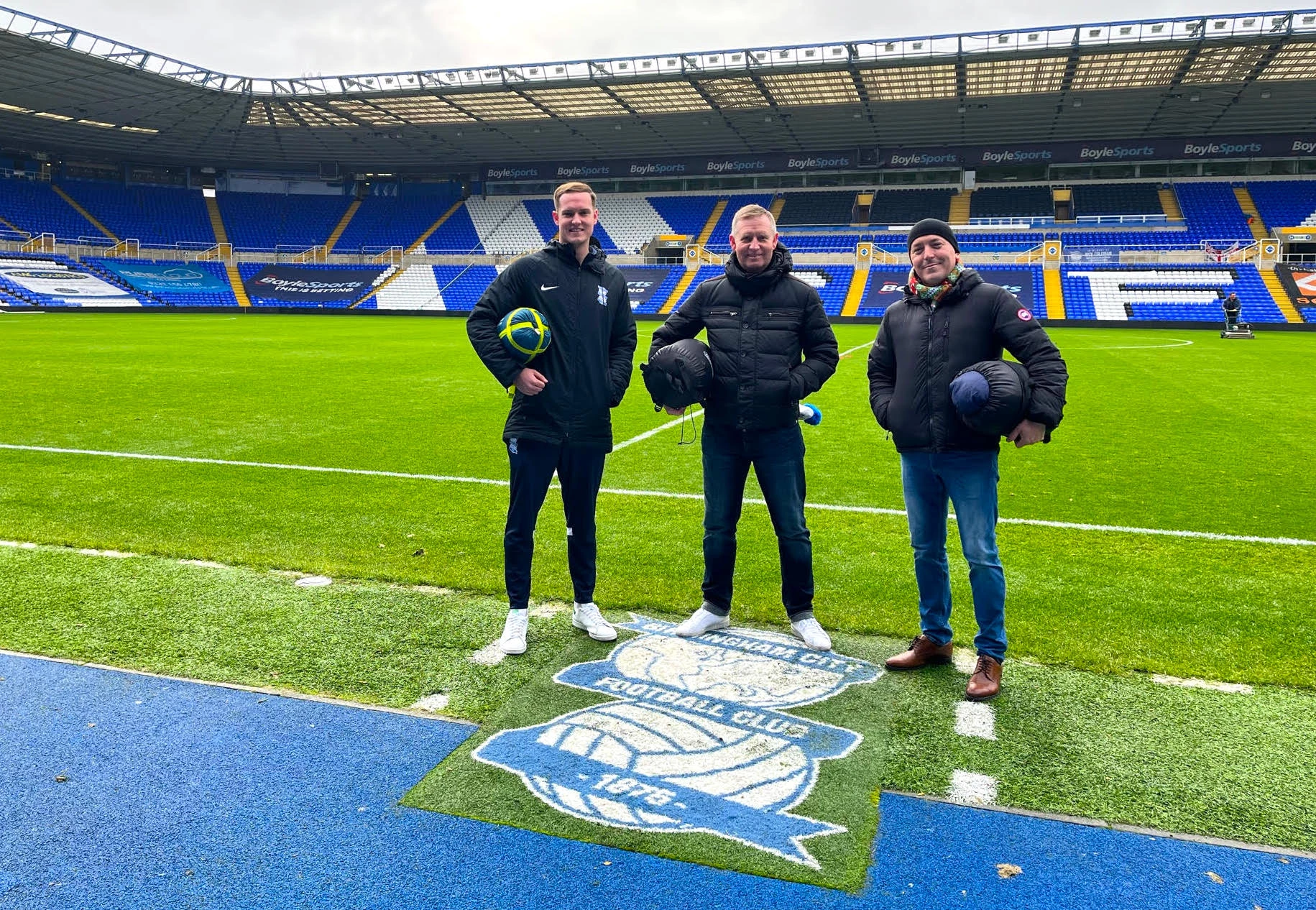 (L-R) Business manager of Birmingham City FC Community Trust Ryan Chamberlain, former professional footballer and former Blues player Paul Tait and founder and chief exec of Changes UK Steve Dixon