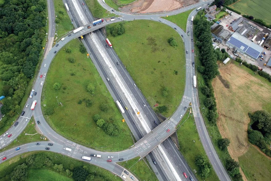 An aerial view of the roundabout at J19 of the M6, near Knutsford