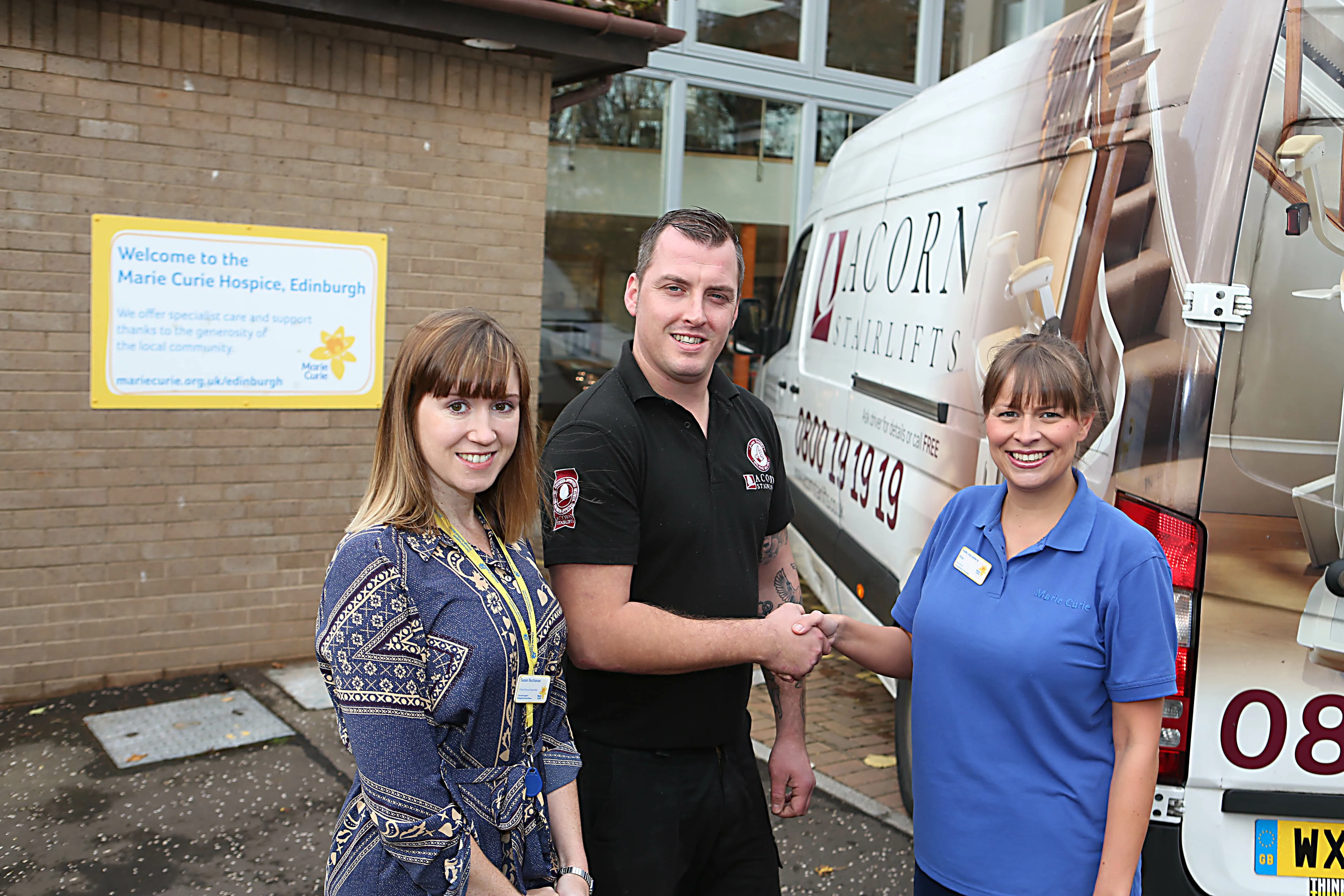 (L-R) Marie Curie's clinical nurse specialist Susan Buchanan, Acorn representative Luke Gorringe and Marie Curie's occupational therapist Kim Pollock 