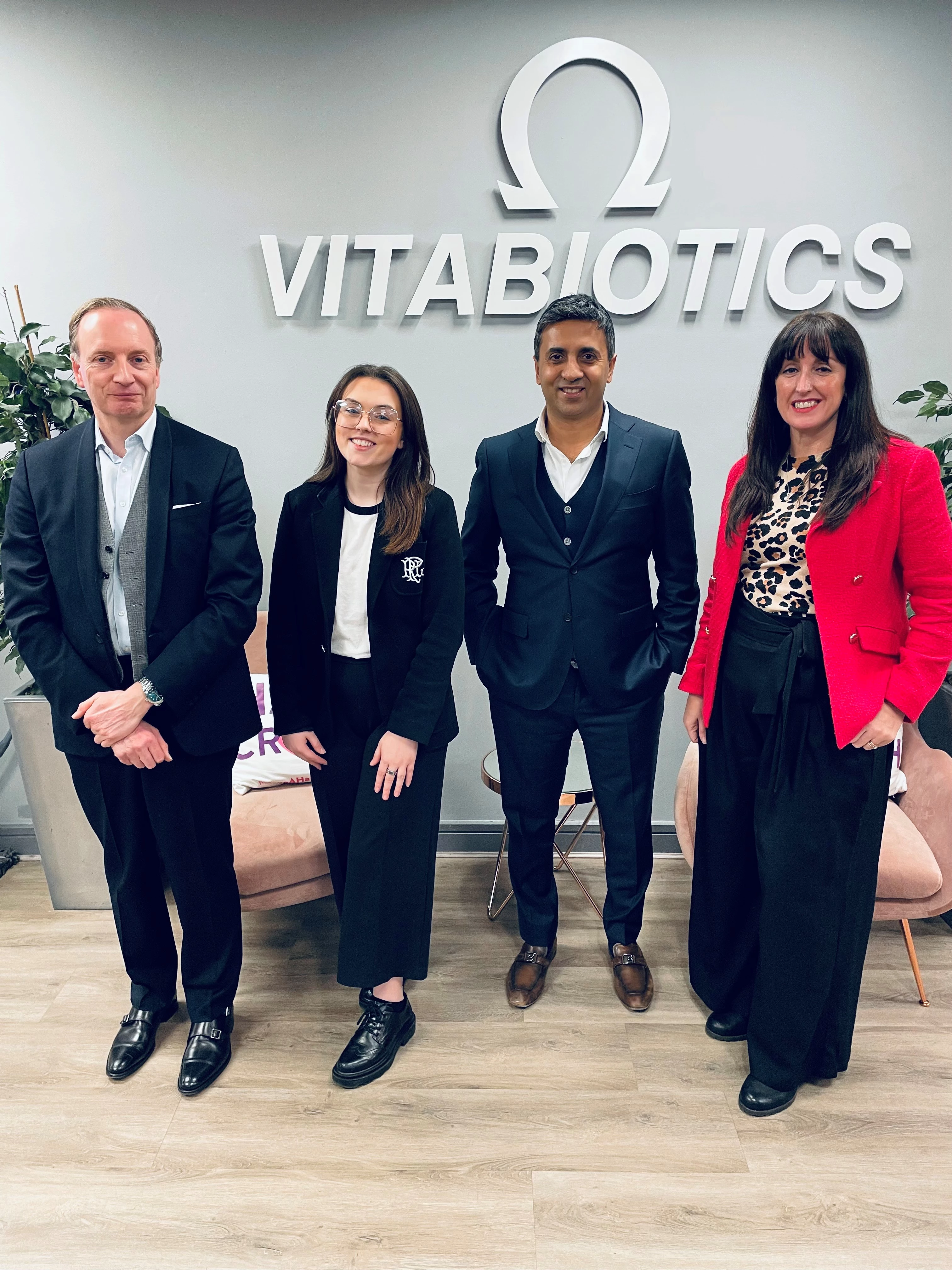 (L-R) Robert Taylor, vice president of Vitabiotics, Lauren Bell from Talentheads, Tej Lalvani and Sam Spoors, founder of Talentheads