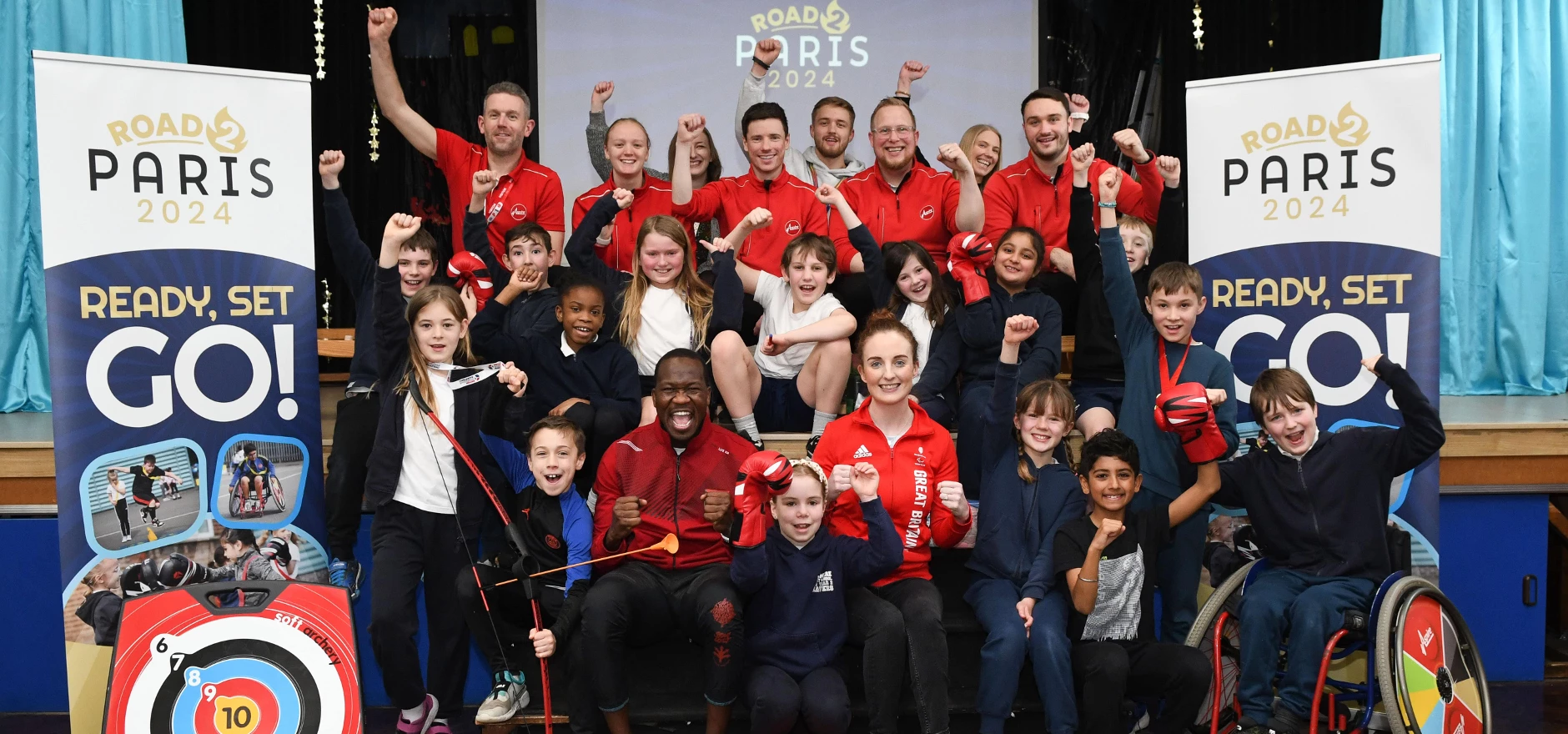 Olympian Sadam Koumi and Paralympian Siobhán Fitzpatrick, both front row, at Boldmere Junior School.JPG