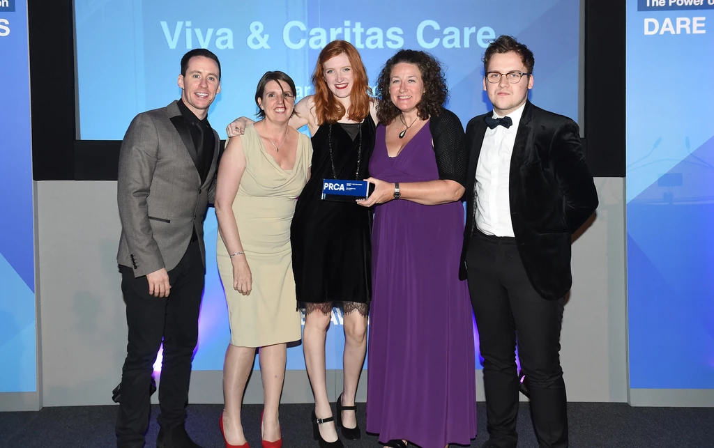 Viva PR celebrates success - (left to right) Connor Phillips, Lindsey Duckworth (Caritas Care), Abigail Fraser-Kelly (Account Executive, Viva PR) Rachel Pinder (Account Manager, Viva PR) and Harry Bristow (PRCA).