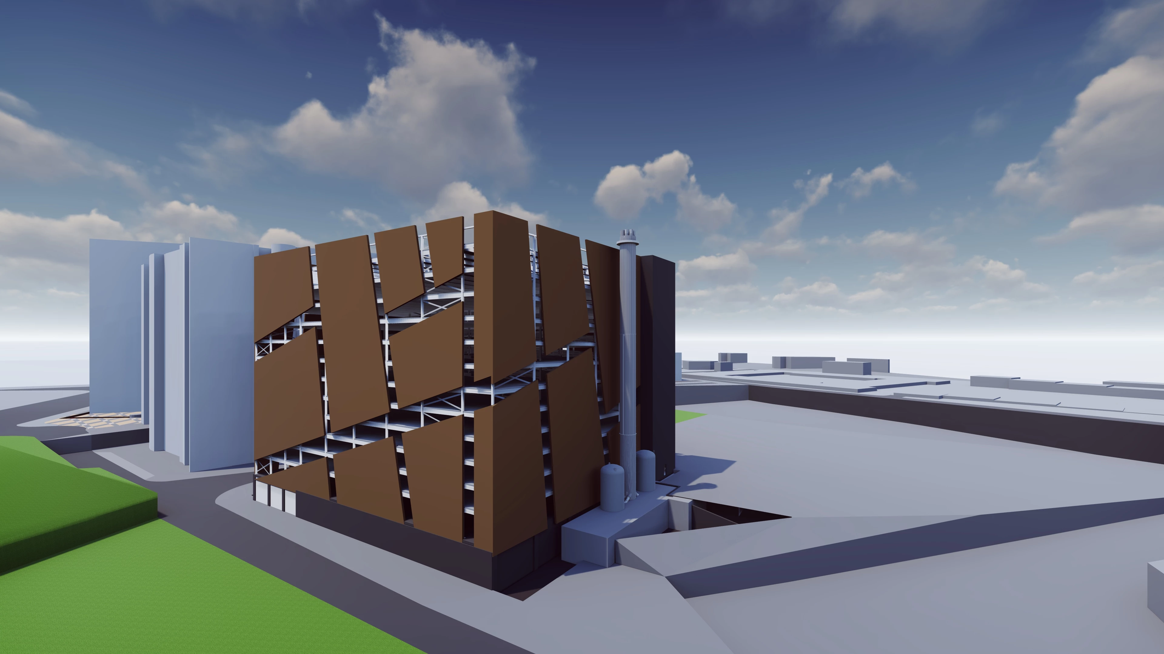 A close up shot from the 3D model of the final structure with the flue, carpark and energy centre complete.  The energy centre is situated on the ground floor and is scheduled to go live in the summer of 2020.