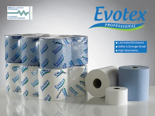 The Evotex label is a premium range of roll towel, centre feeds and dispenser toilet tissue launched by Star Tissue.