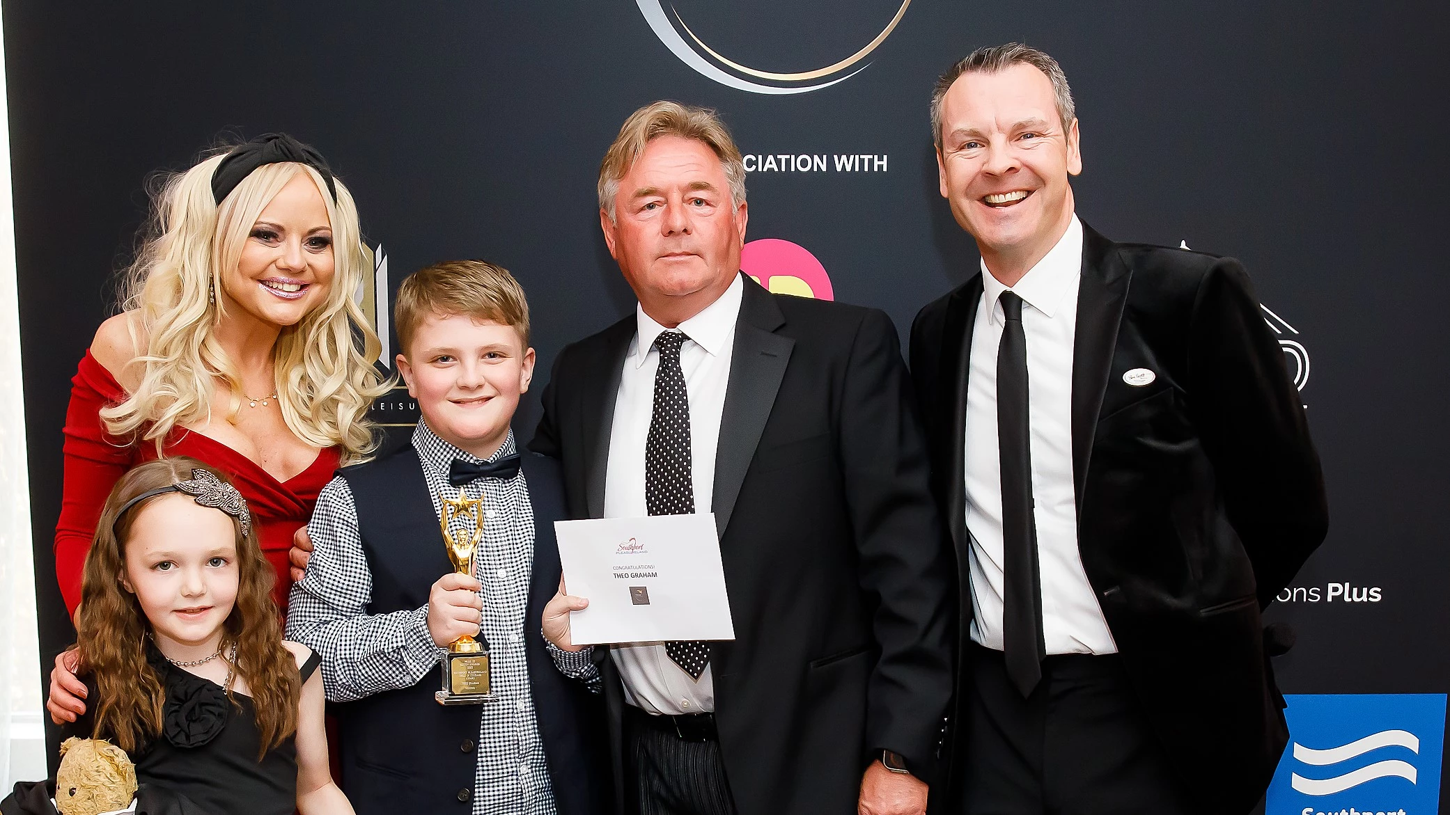 (L-R) Jessica Dowle, Cĺàire Simmo, Theo Graham, Norman Wallis, Fraser Dainton at the Pride of Sefton Awards ceremony. Kevin Brown Photography