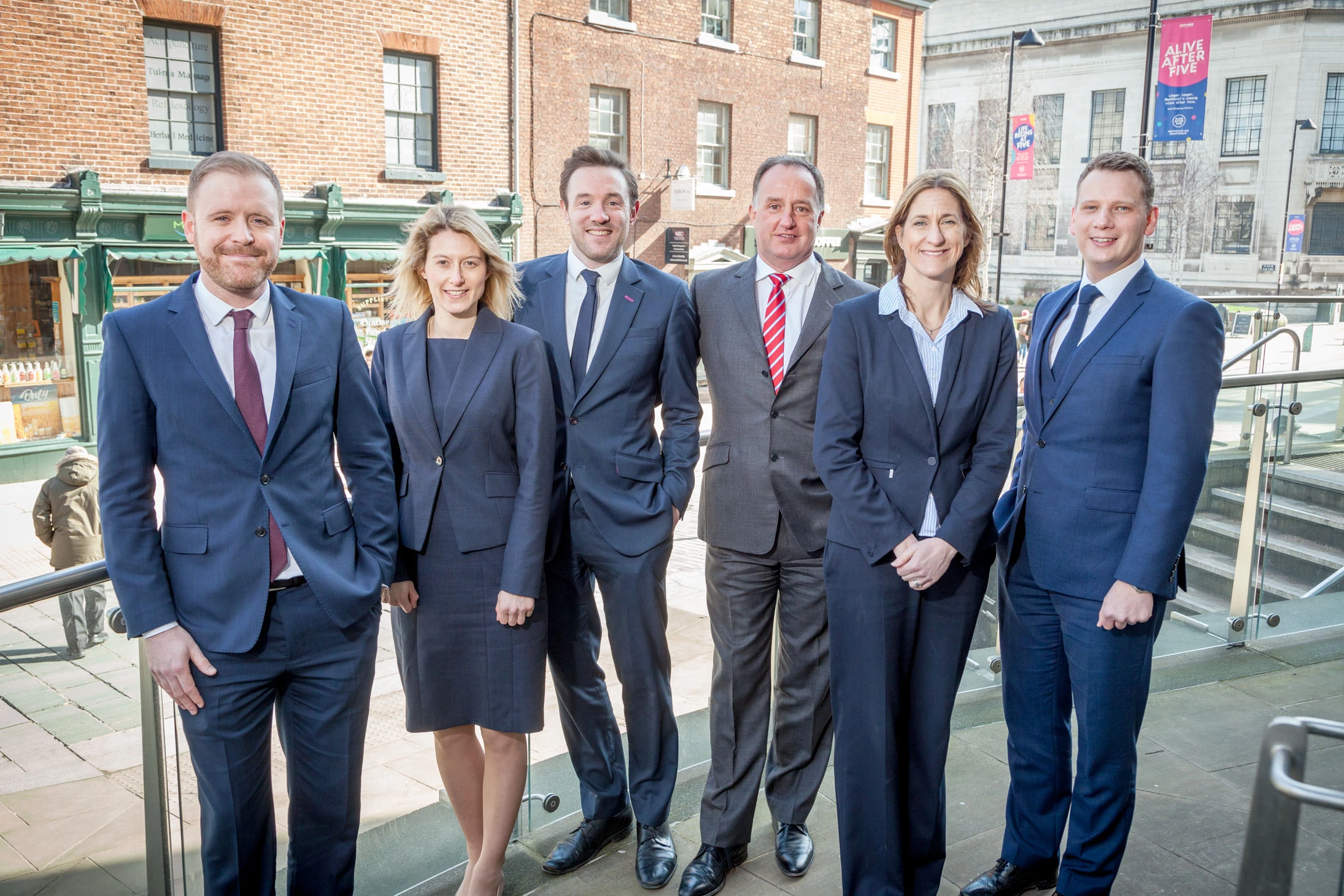 Taylor&Emmet chief executive, Anthony Long (fourth left), congratulates (left to right) Ben Brown, Camilla Attwood, John Green, Sarah Gaunt and Simon Eyre-Wood on their promotions. 