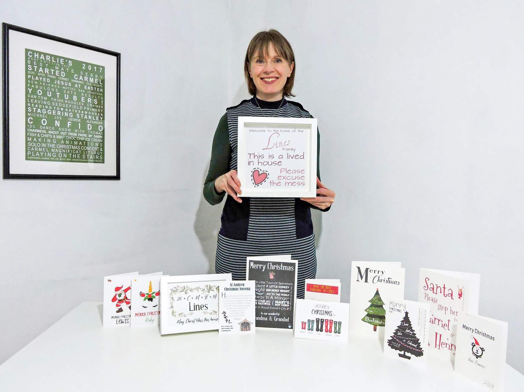 Catherine Lines with her All About Words Christmas collection