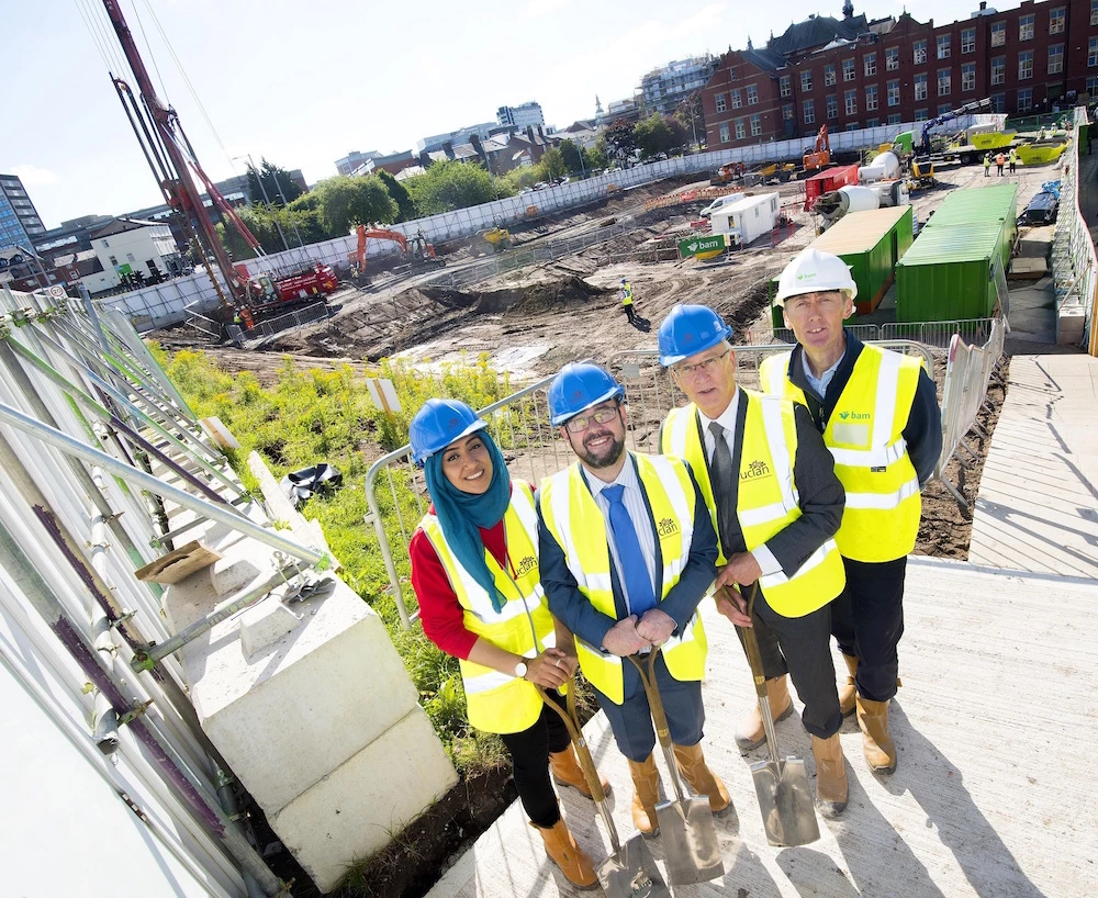 UCLan Students' Union president Sana Iqbal, UCLan COO Michael Ahern, director of capital projects Dave Smith and BAM project manager Simon Atkinson