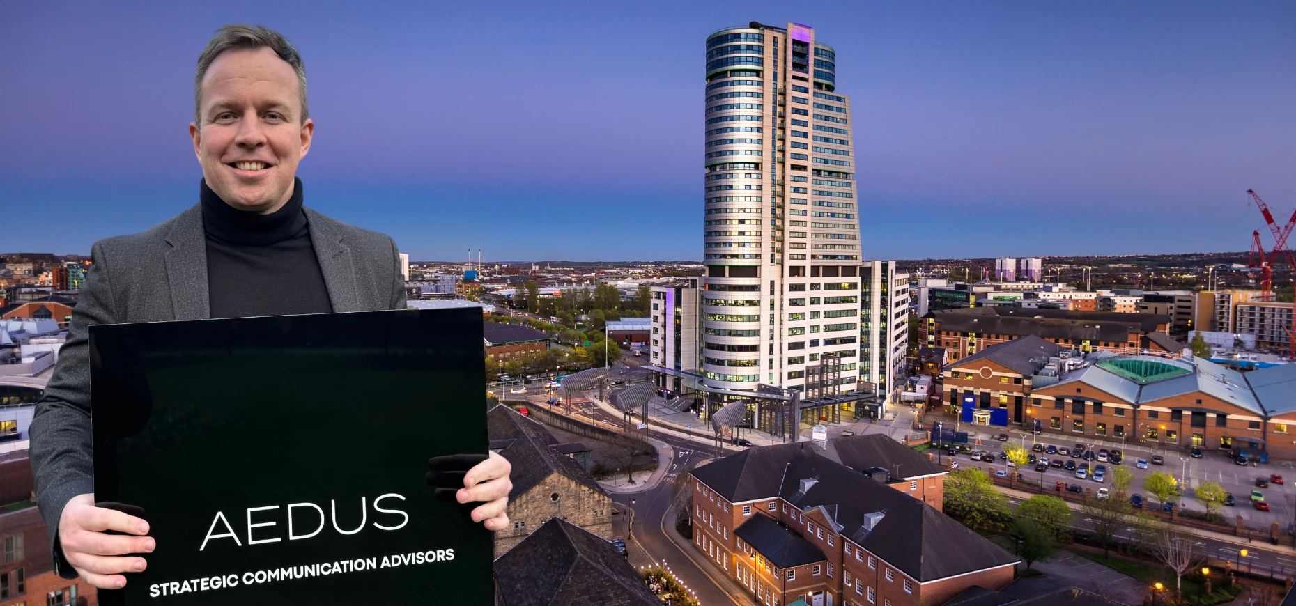 Rory Dolan, founder and partner at Aedus, pictured against the Leeds skyline.