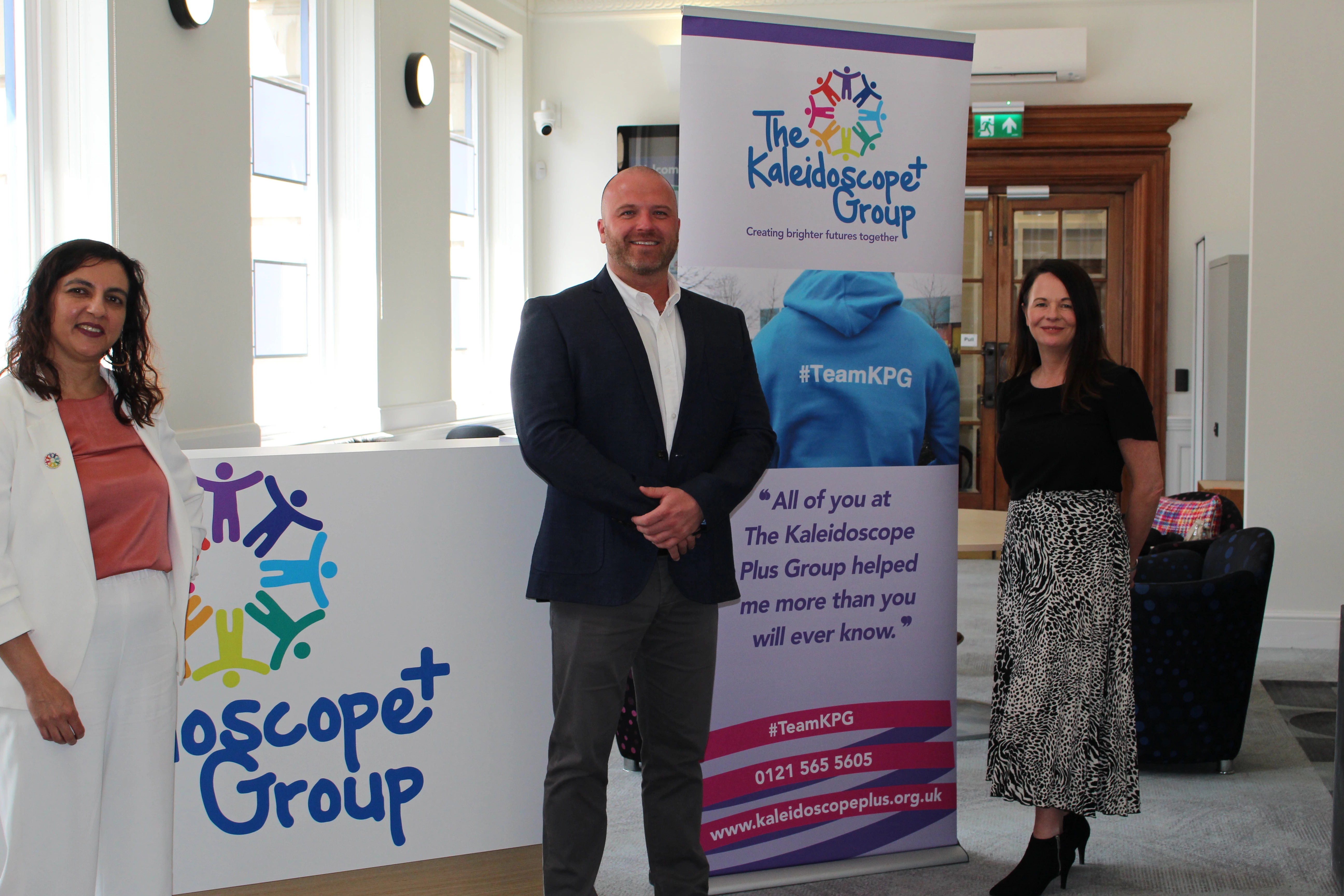 From left Monica Shafaq, CEO of Kaleidoscope Plus Group, Simon Williams, GMS National Contracts Manager, Rachel Freeman, GMS HR Director