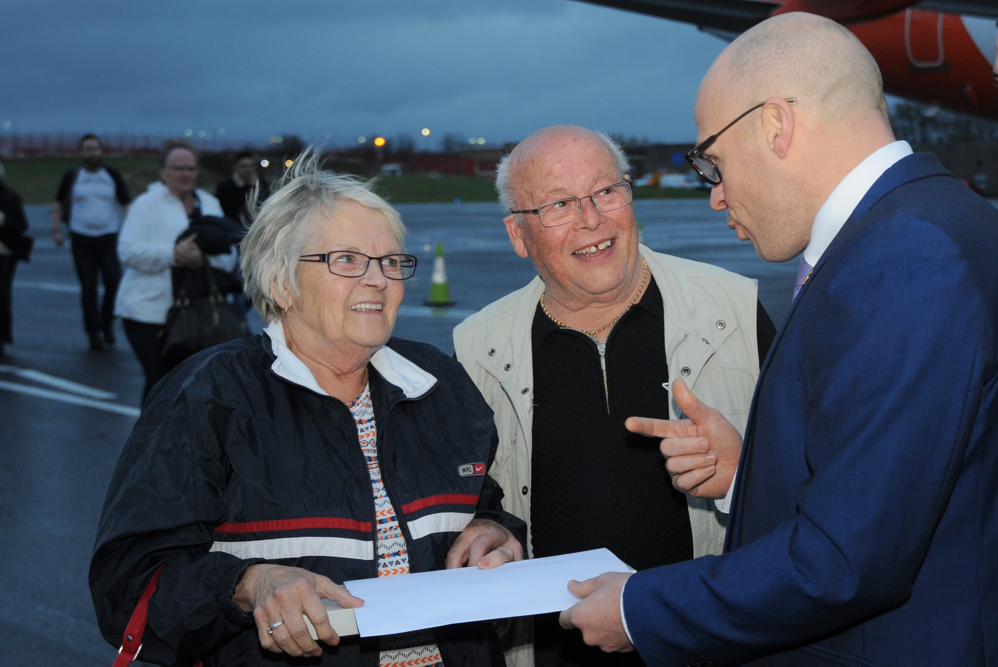 Vivien and Billy Millican were greeted by head of aviation development Leon McQuaid