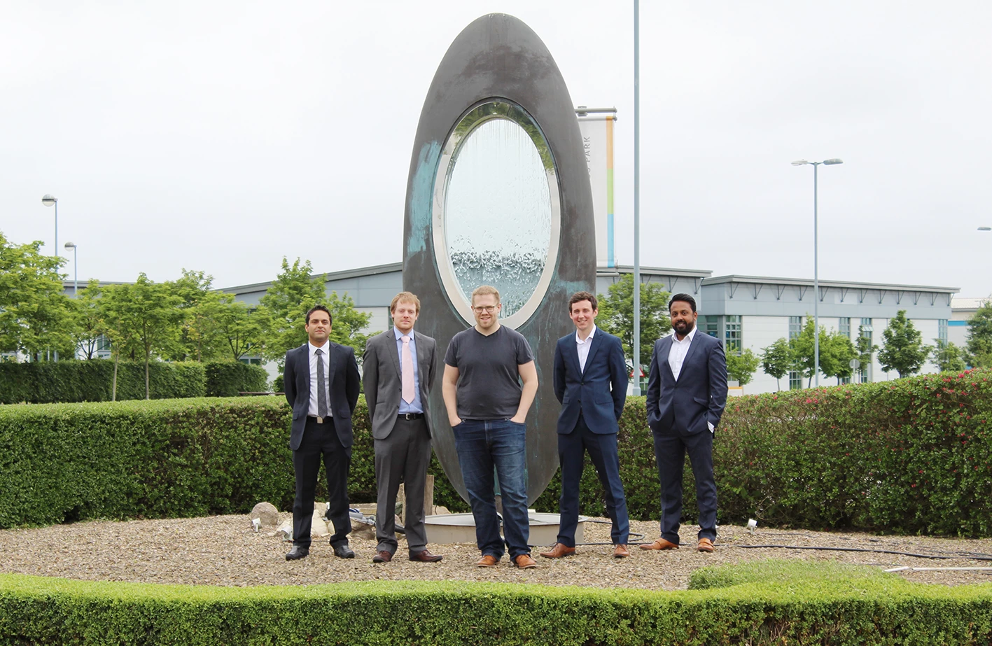 (L-R) Partner of Perwyn Ravi Sharma, operations director of Everflow Adam Straker, managing director of Everflow Josh Gill, finance director of Everflow James Cleave and corporate finance director of Baldwins Abu Ali