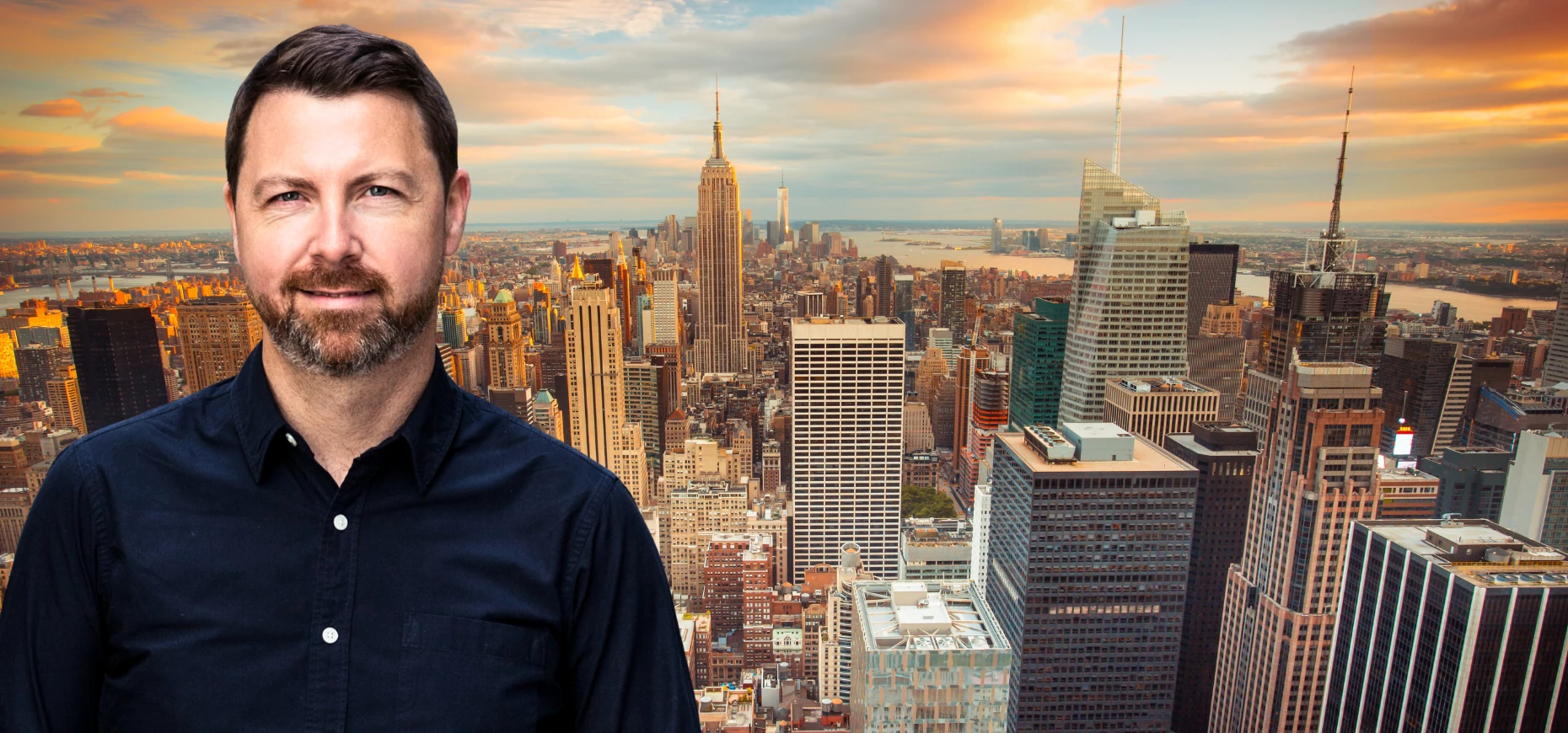 Paul O’Malley, newly appointed Chief Operating Officer of Fox Agency, pictured against the New York skyline.