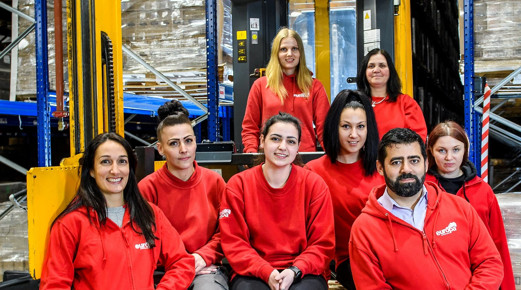 Maria Torrent March, Logistics Director, Luis Ribeiro Logistics Warehouse Manager and female operators in Dartford 