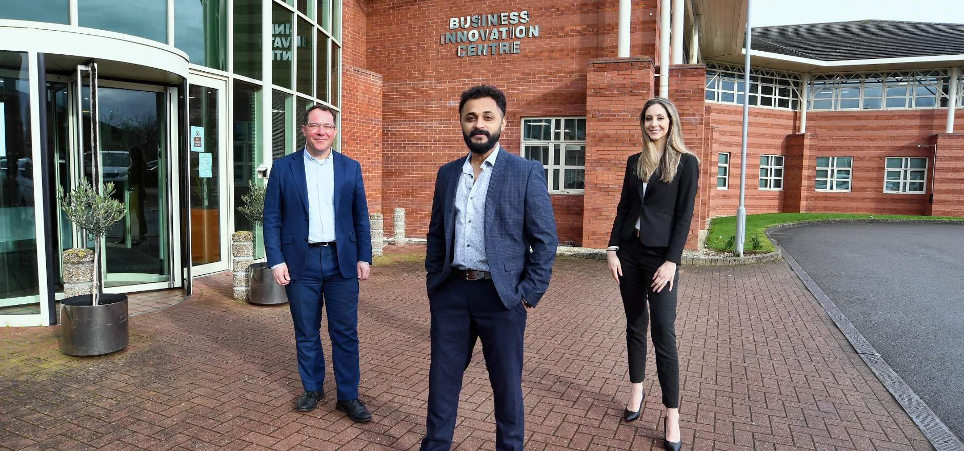 From left: Dirk Schaefer, Jovin Joy, and Victoria Lynch outside the Business Innovation Centre, Binley