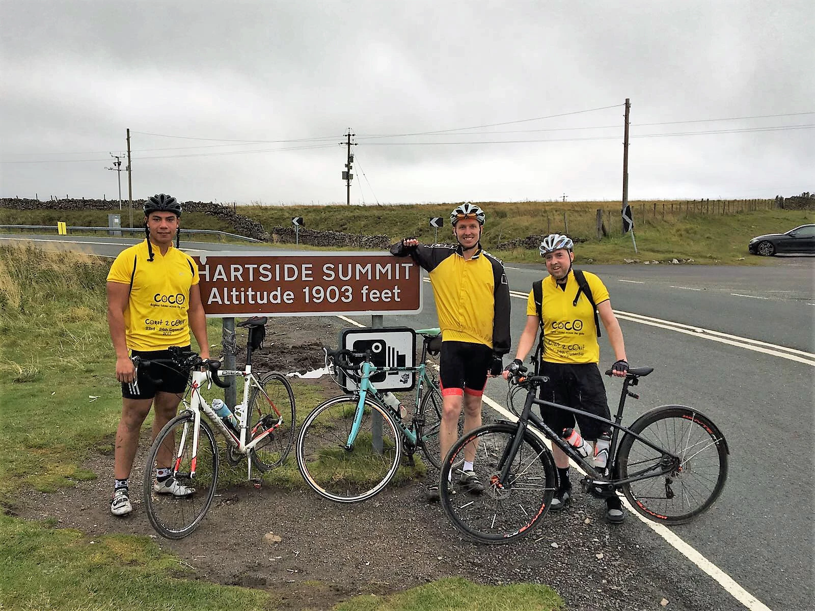 Cintra's first Coast to Coast competitors to make it up Hartside (l to r) Oliver Rix, Josh Holloway and Andy Mackenzie