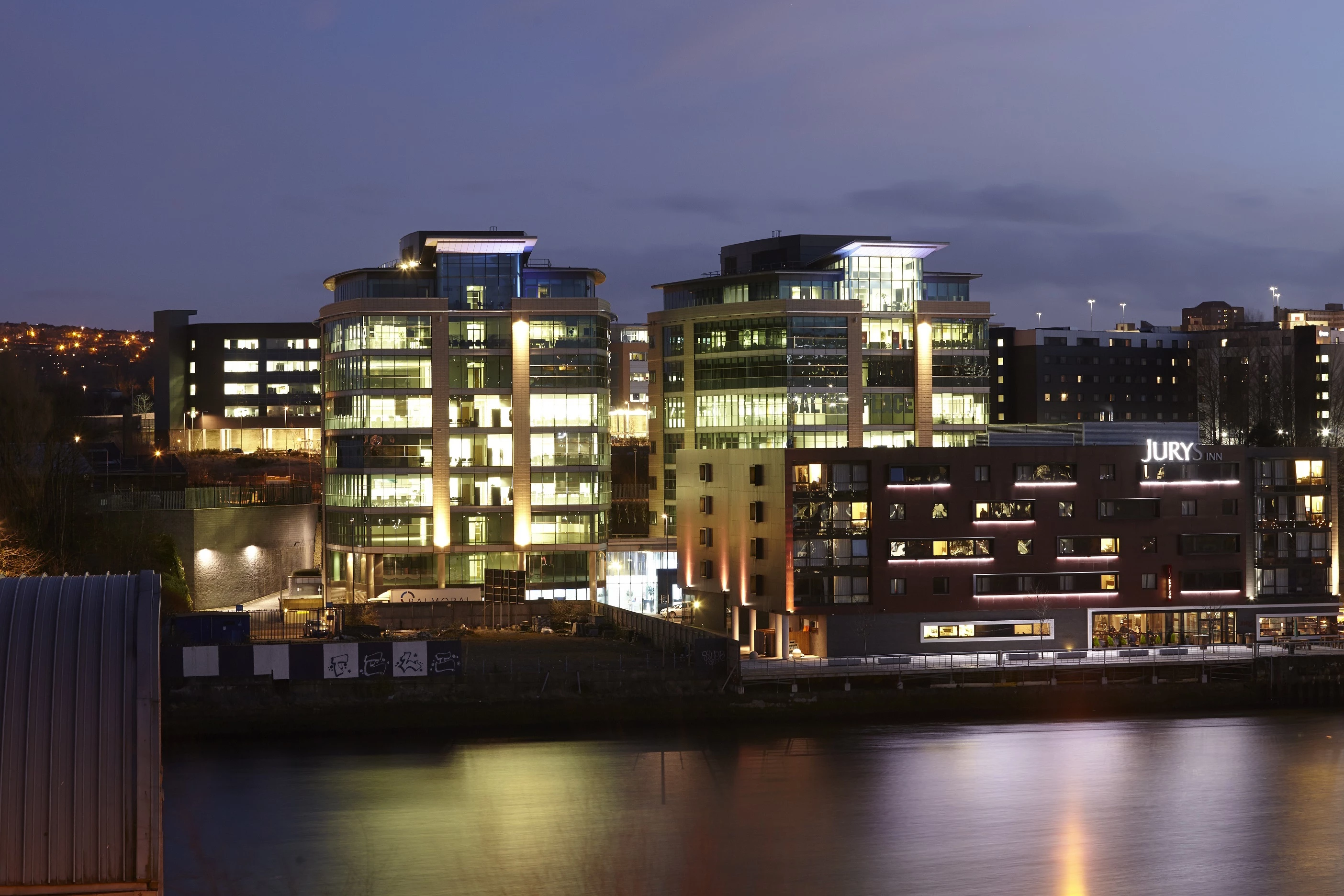 Quayside night Jurys Inn and Baltic Place