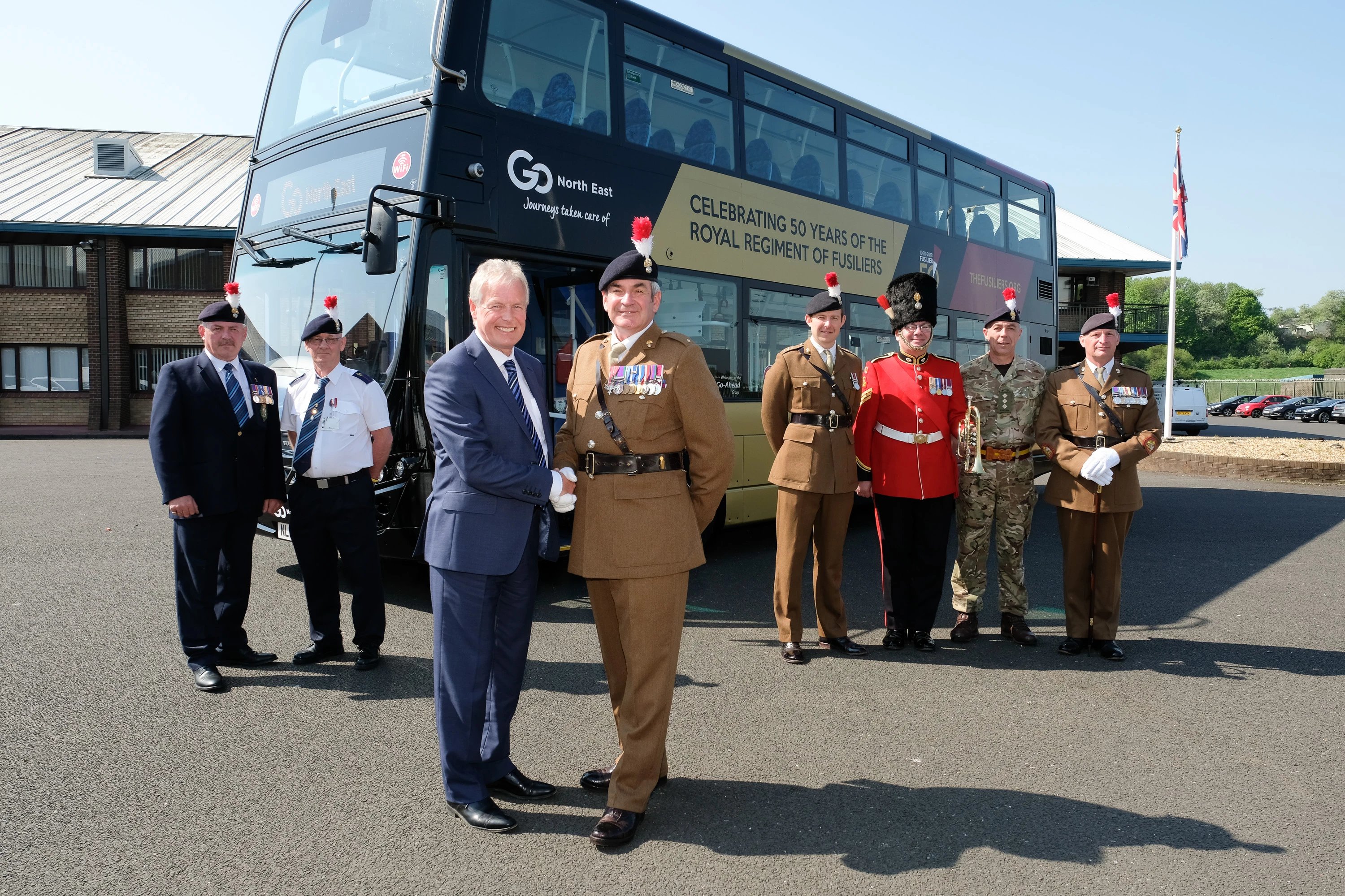 L-R Drivers Michael Sparkes & Stephen Lowery. GNE's MD Kevin Carr with Major Gary Jones. Captain Matt Mackinder- Jonas - Adjutant, Staff Sergeant Richard Stacey